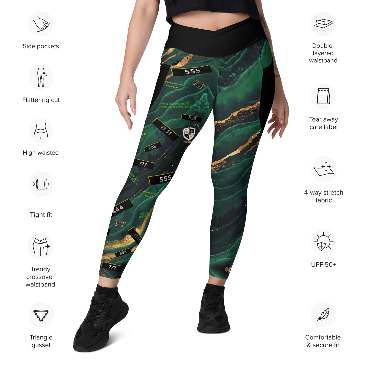 8xquiZit Collection - Women's Manifestation Emerald Green N Gold Marble Crossover Leggings with Pockets