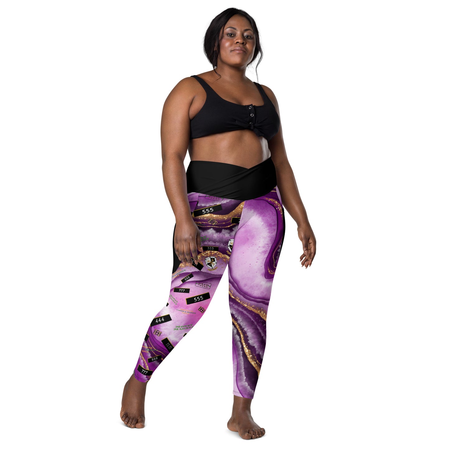 8xquiZit Collection - Women's Manifestation Royal Purple N Gold Marble Crossover Leggings with Pockets