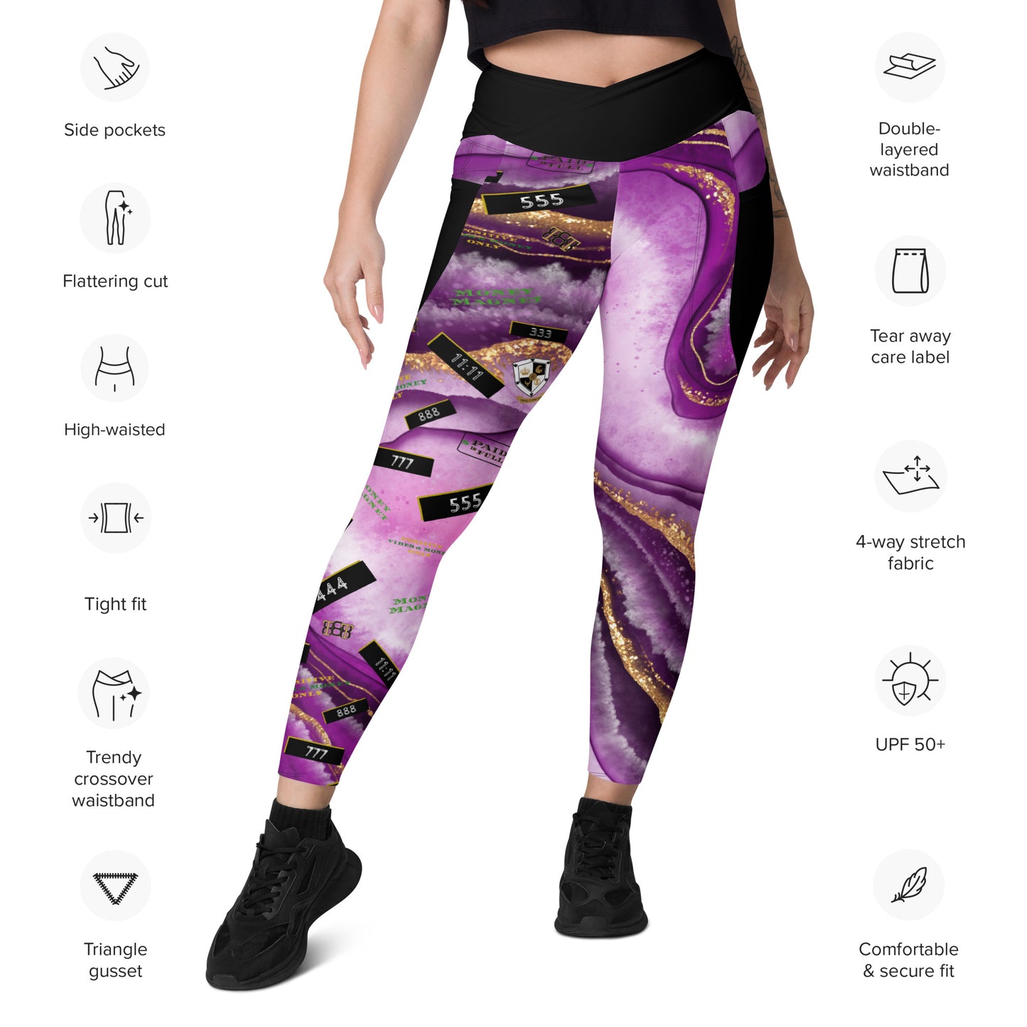 8xquiZit Collection - Women's Manifestation Royal Purple N Gold Marble Crossover Leggings with Pockets