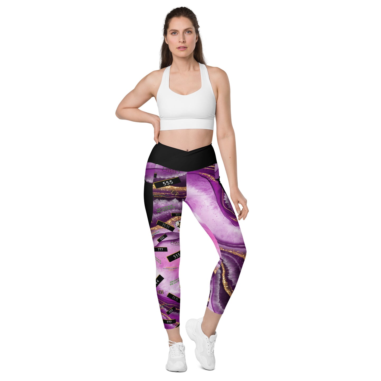 8xquiZit Collection - Women's Manifestation Royal Purple N Gold Marble Crossover Leggings with Pockets