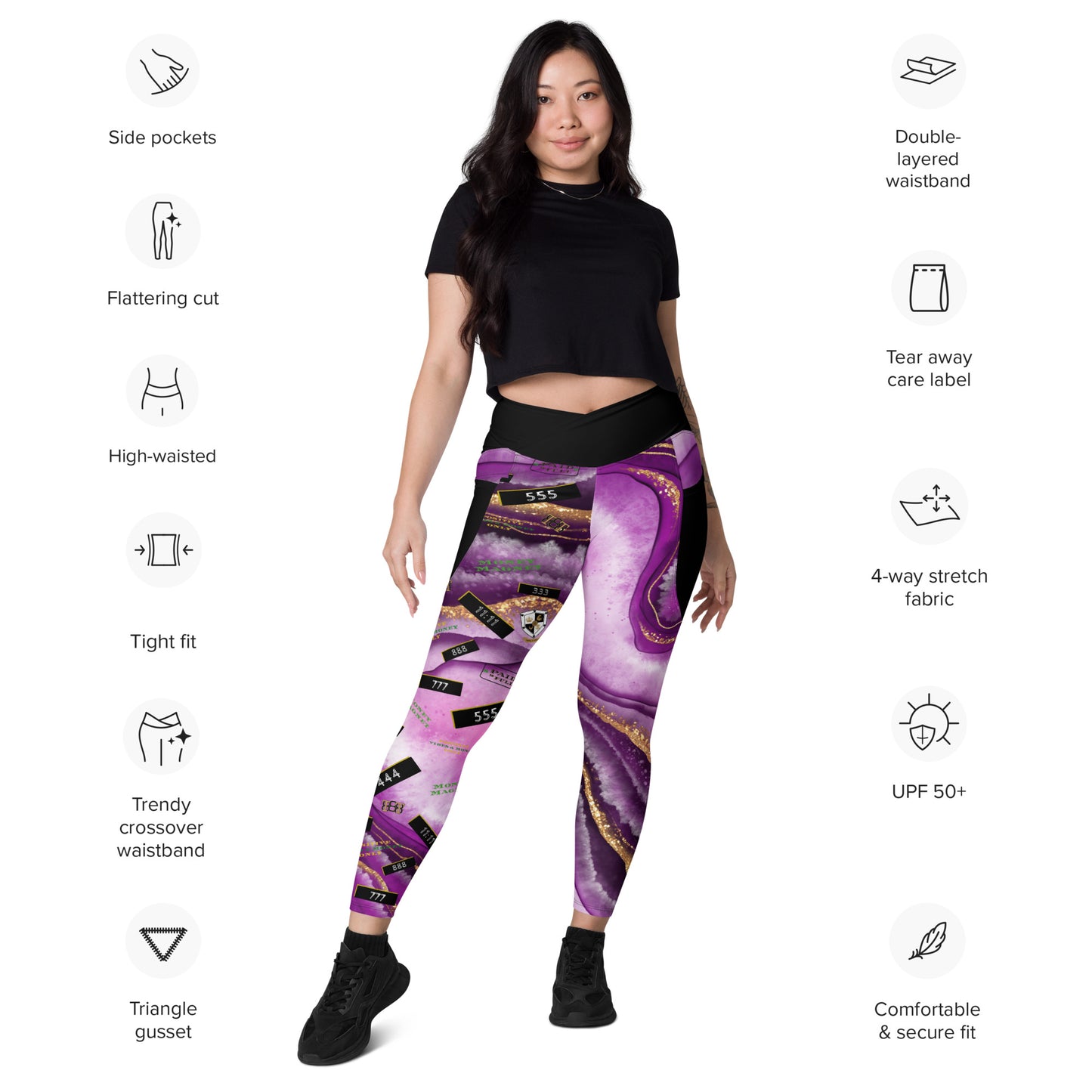 8xquiZit Collection - Women's Manifestation Royal Purple N Gold Marble Crossover Leggings with Pockets