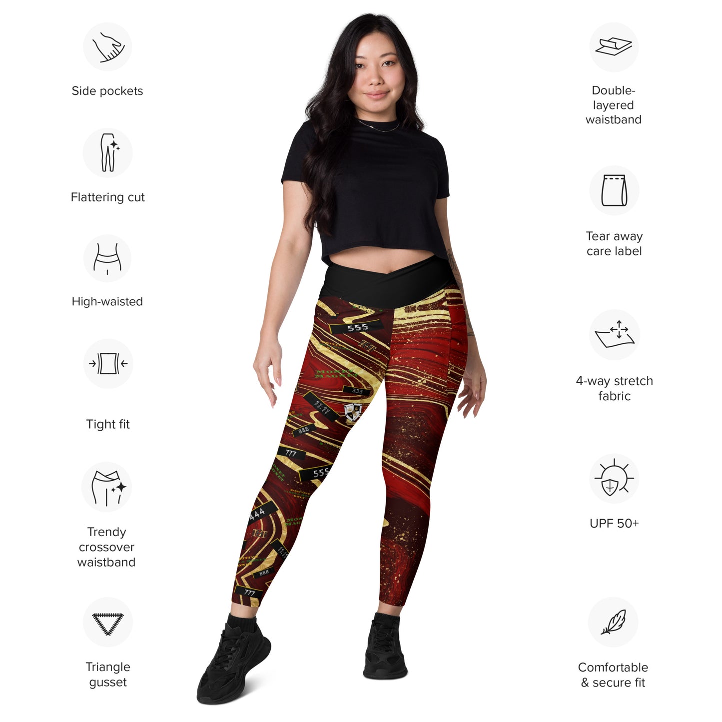 8xquiZit Collection - Women's Manifestation Ruby Red N Gold Marble Crossover Leggings with Pockets