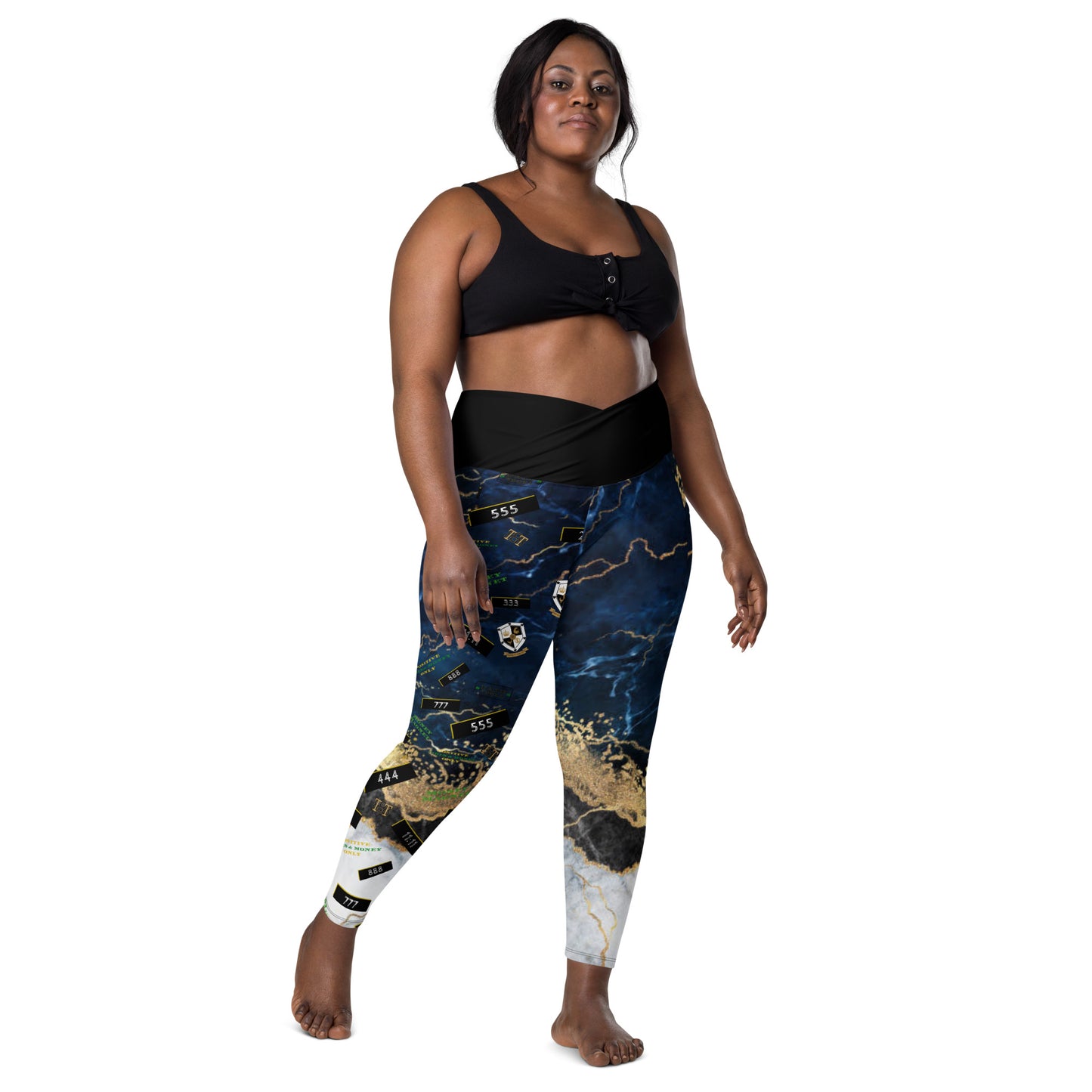 8xquiZit Collection - Women's Manifestation Tri-color Blue, Gold, & White Marble Crossover Leggings with Pockets
