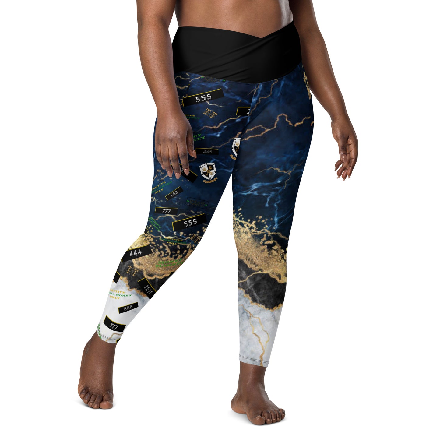 8xquiZit Collection - Women's Manifestation Tri-color Blue, Gold, & White Marble Crossover Leggings with Pockets