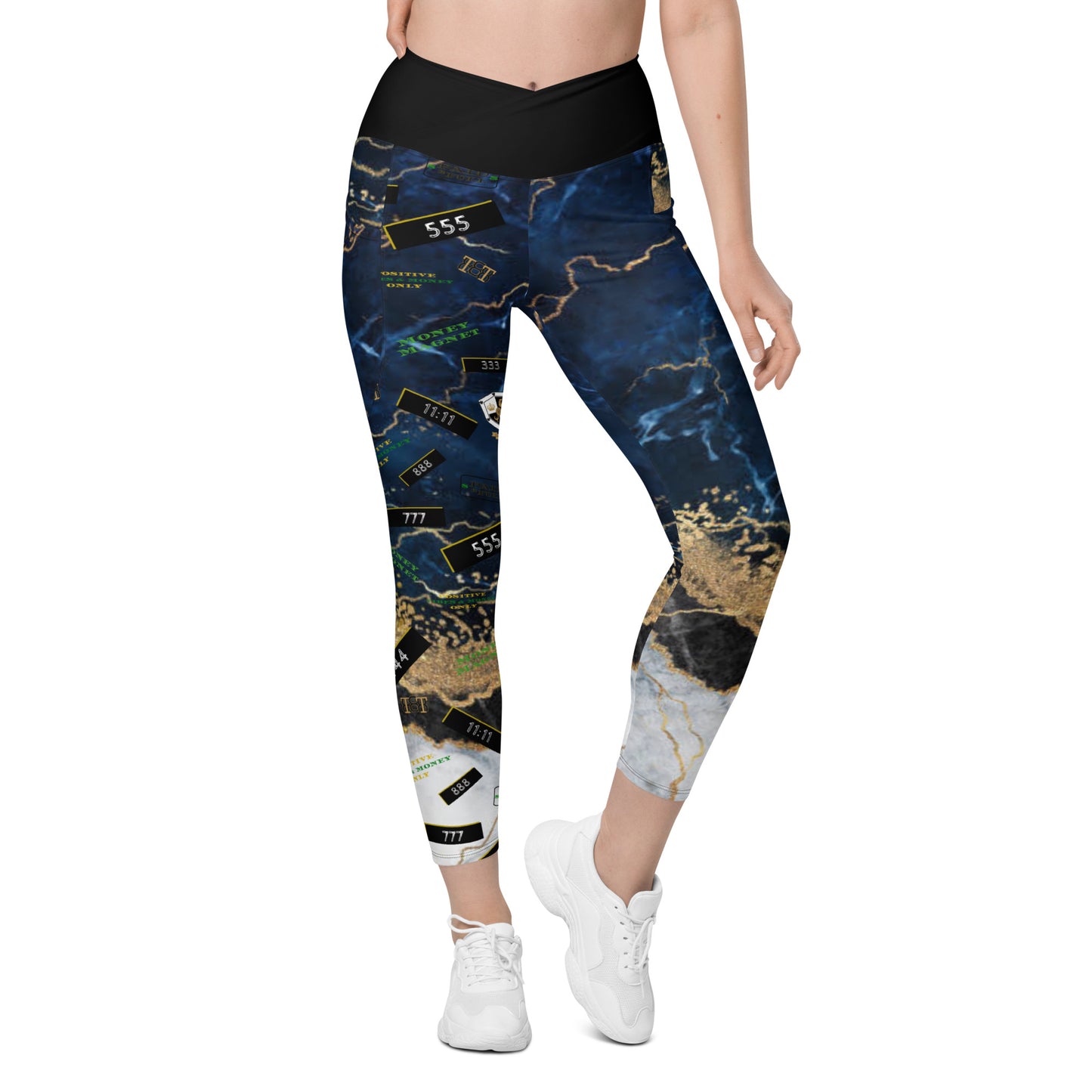 8xquiZit Collection - Women's Manifestation Tri-color Blue, Gold, & White Marble Crossover Leggings with Pockets