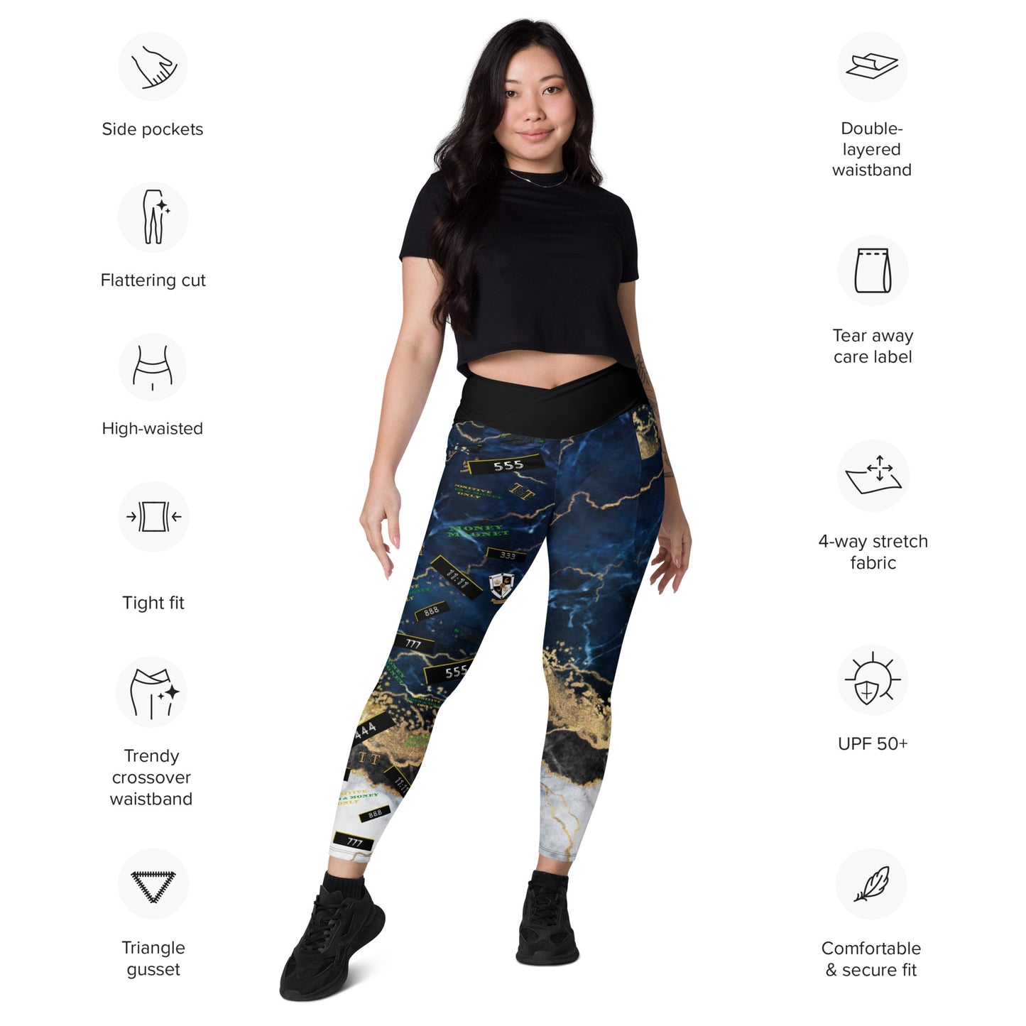 8xquiZit Collection - Women's Manifestation Tri-color Blue, Gold, & White Marble Crossover Leggings with Pockets
