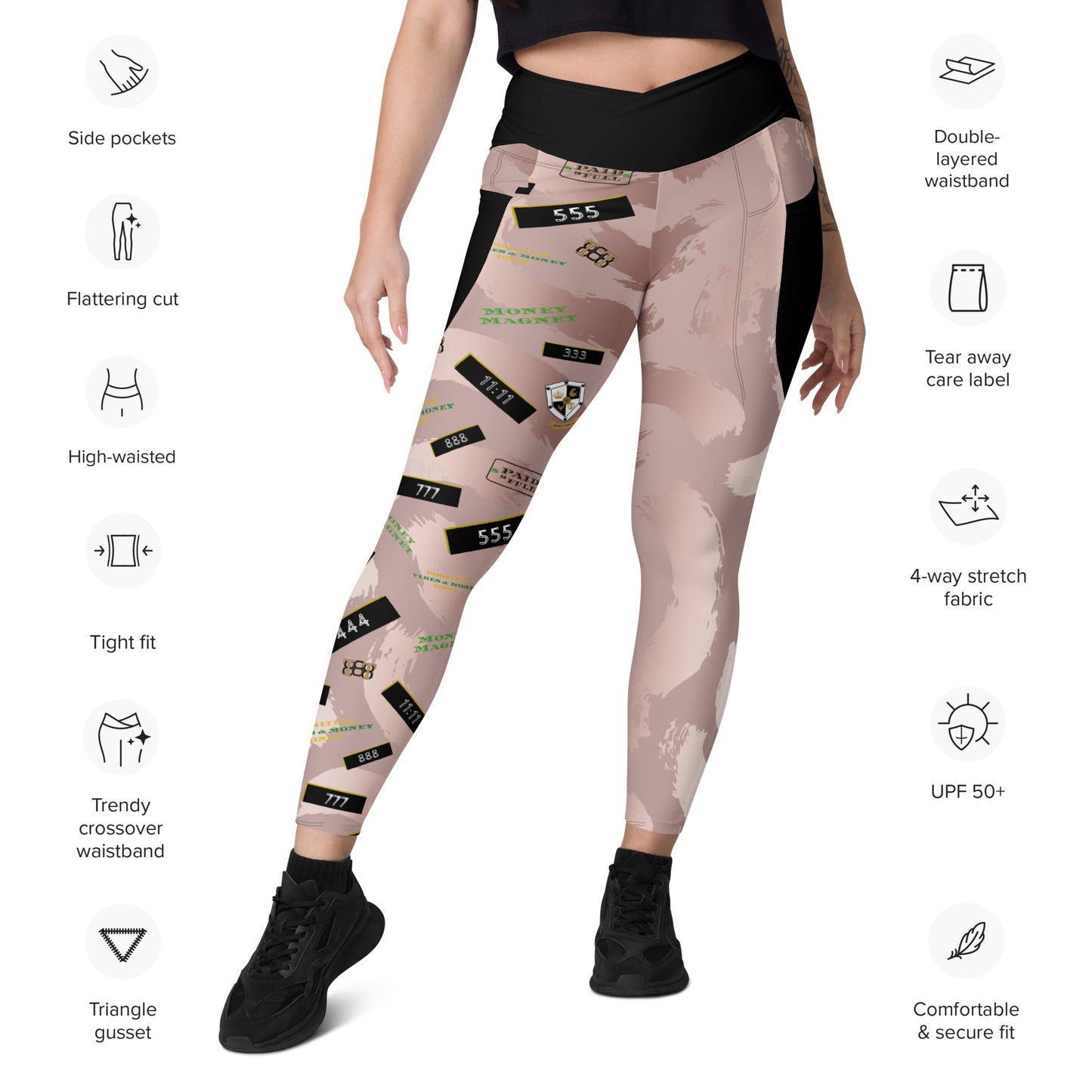 8xquiZit Collection - Women's Manifestation Pynk Slaymingo Marble Crossover Leggings with Pockets
