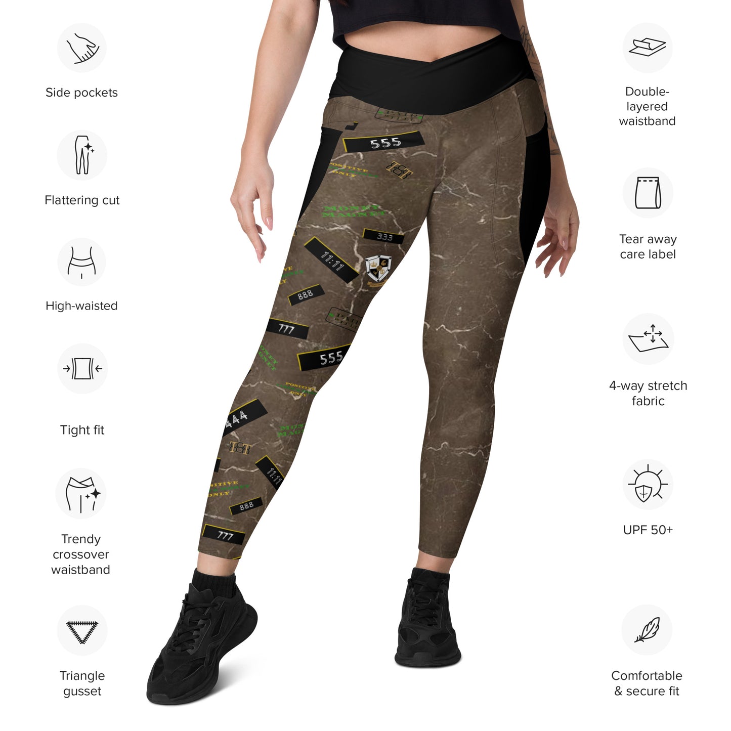 8xquiZit Collection - Women's Manifestation Coco-cured Marble Crossover Leggings with Pockets