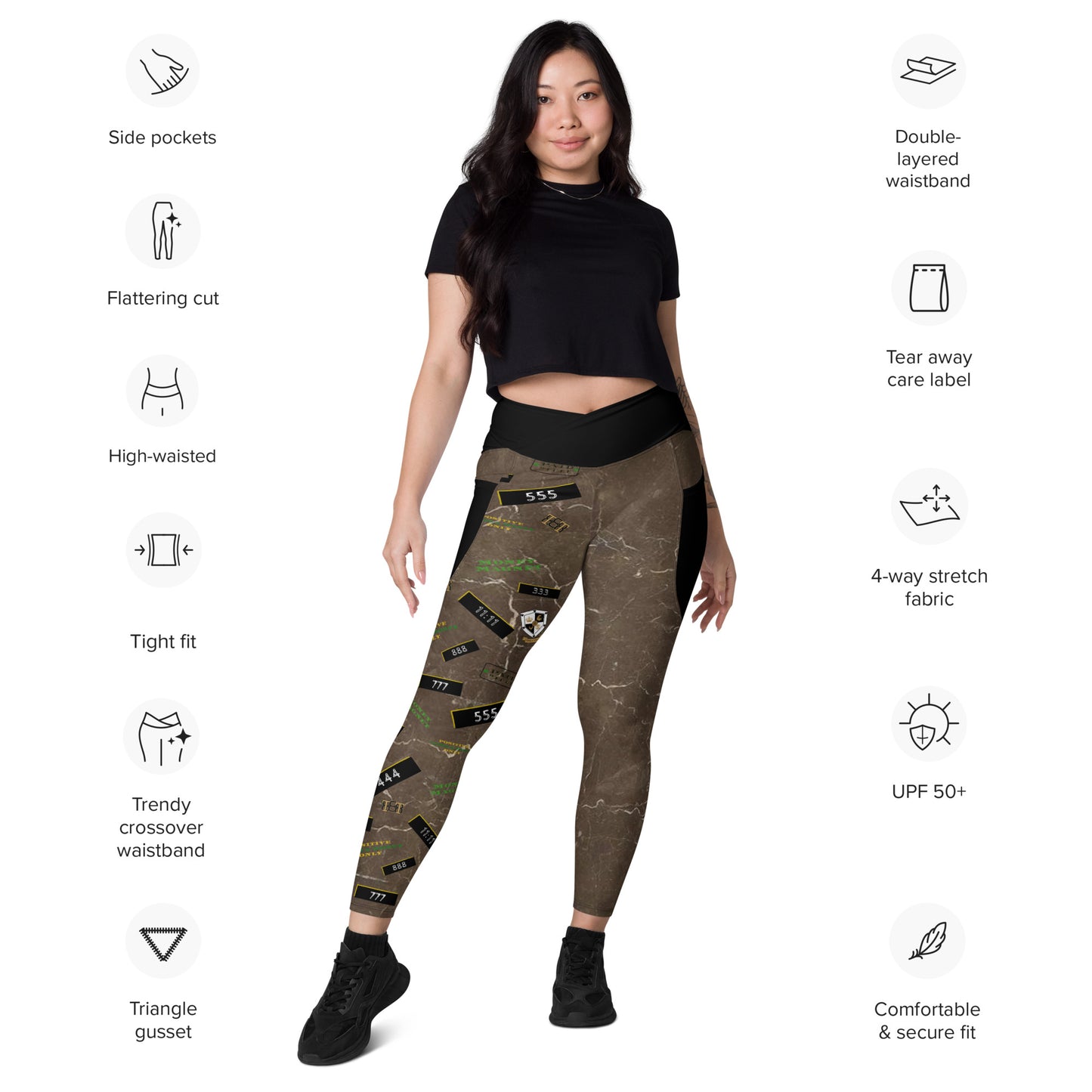 8xquiZit Collection - Women's Manifestation Coco-cured Marble Crossover Leggings with Pockets