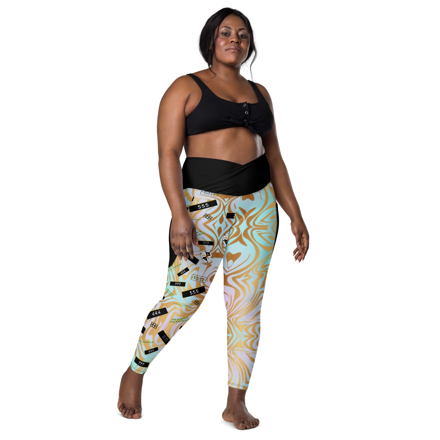 8xquiZit Collection - Women's Manifestation Pynk N Turq Jungle Luv Crossover Leggings with Pockets