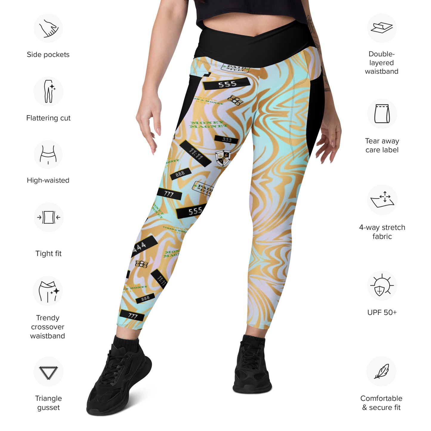 8xquiZit Collection - Women's Manifestation Pynk N Turq Jungle Luv Crossover Leggings with Pockets