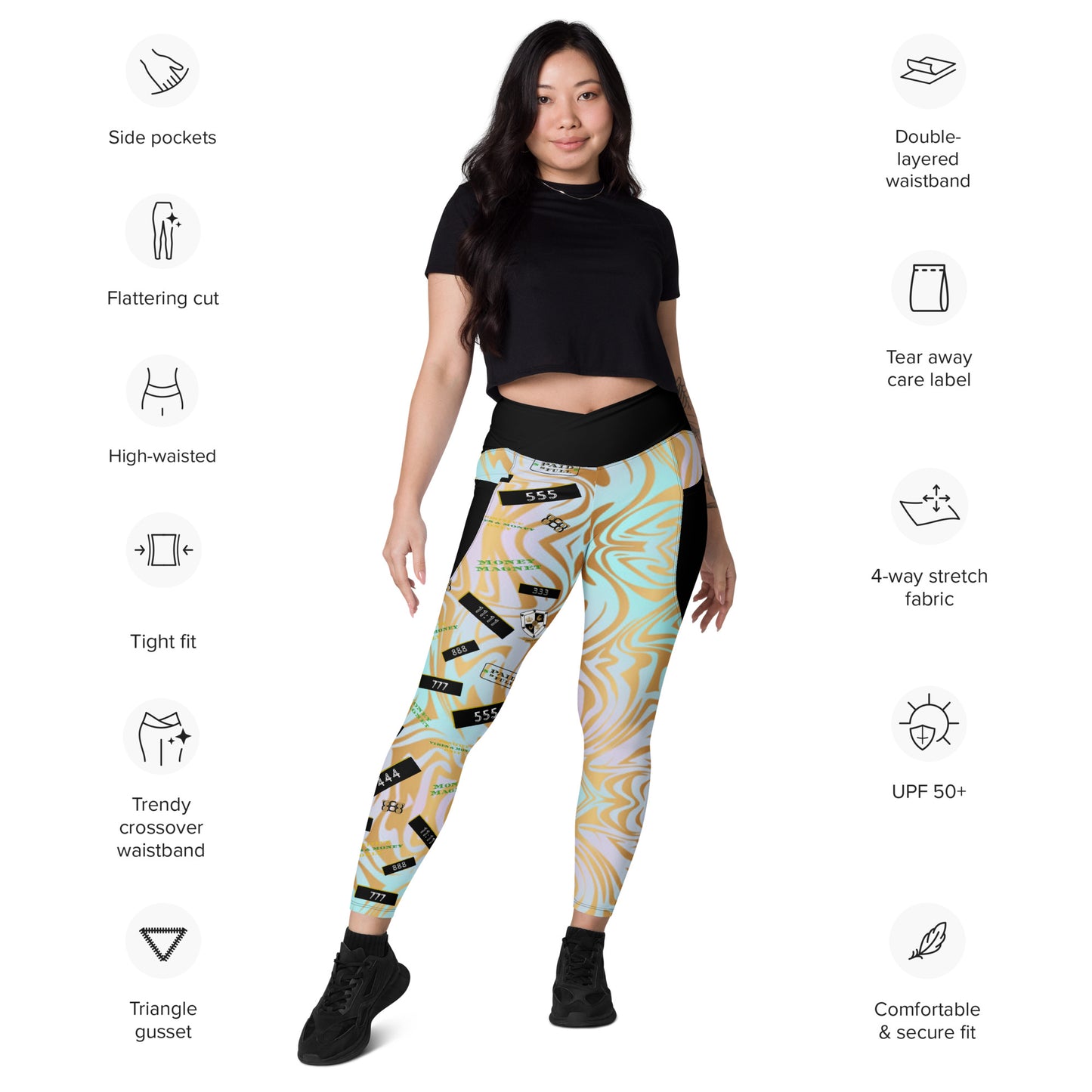 8xquiZit Collection - Women's Manifestation Pynk N Turq Jungle Luv Crossover Leggings with Pockets