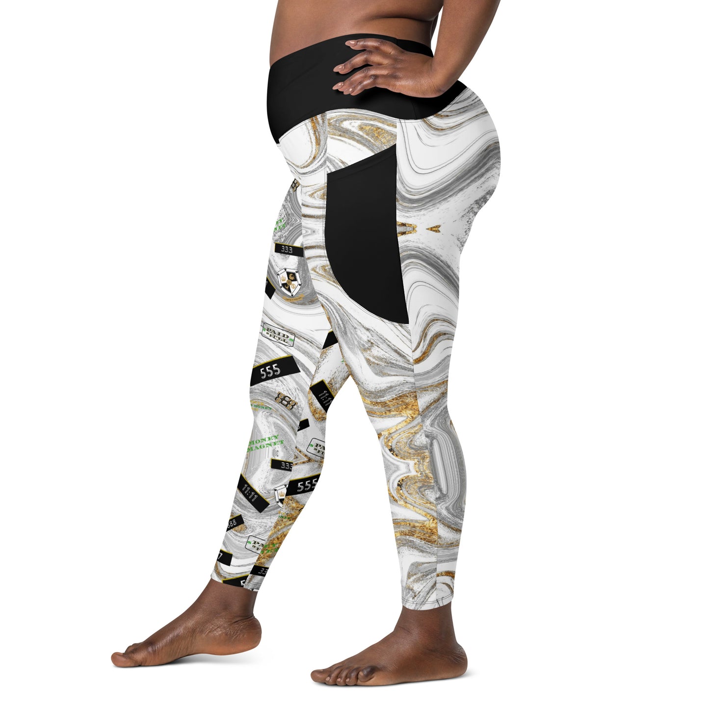8xquiZit Collection - Women's White N Gold Marble Manifestation Crossover leggings with pockets