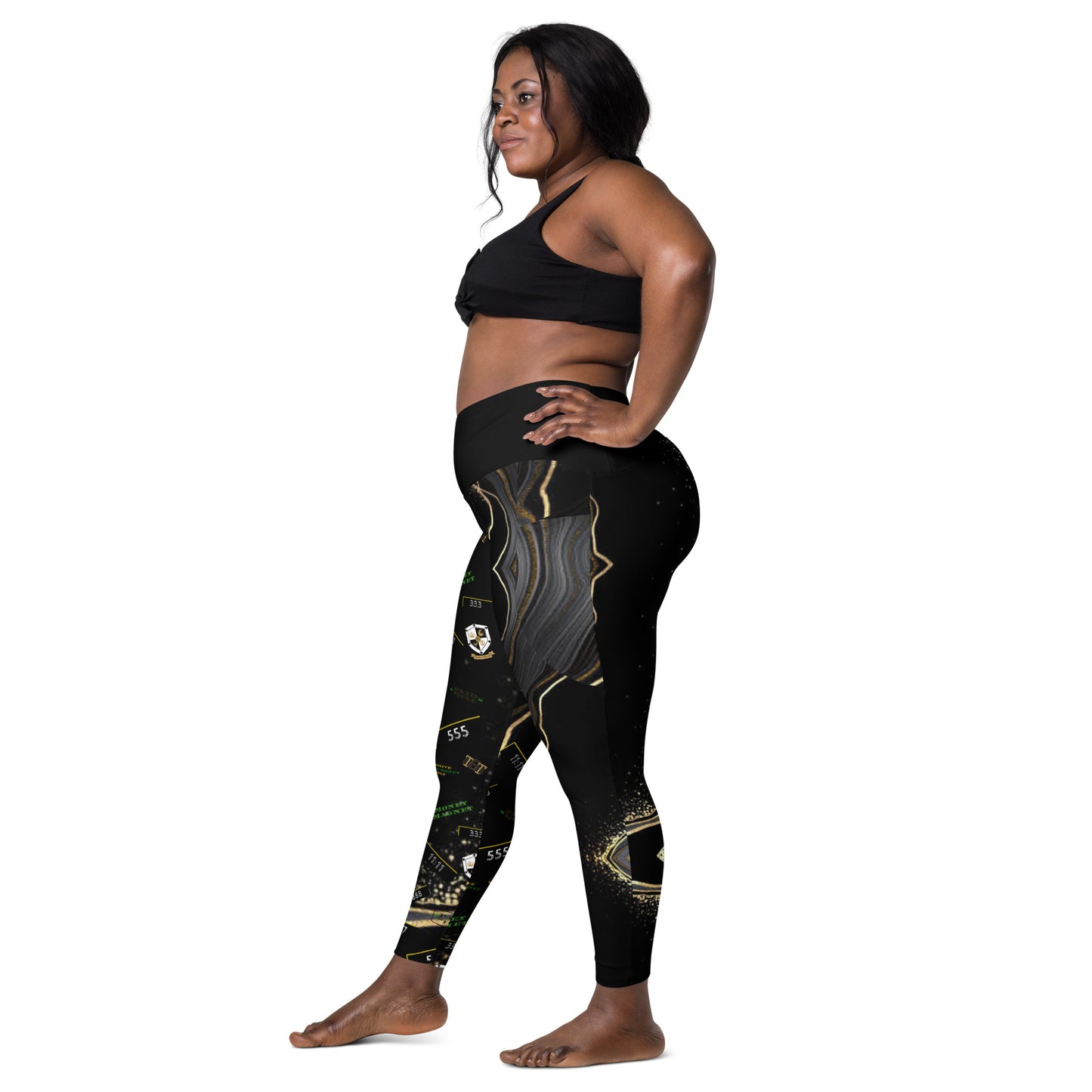 8xquiZit Collection - Women's Manifestation Deep Black N Gold Crossover leggings with pockets