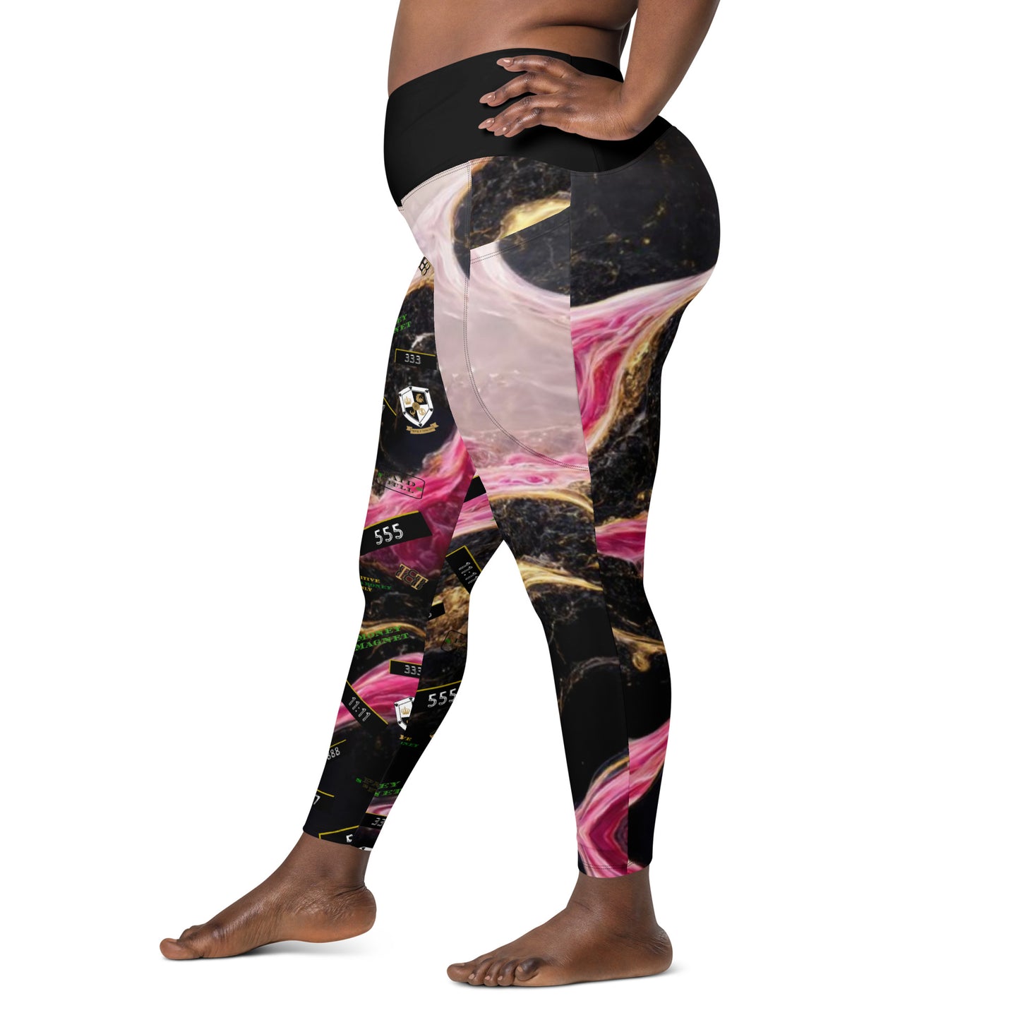 8xquiZit Collection - Women's Manifestation Pynk, Black, N Gold Marble Crossover leggings with pockets