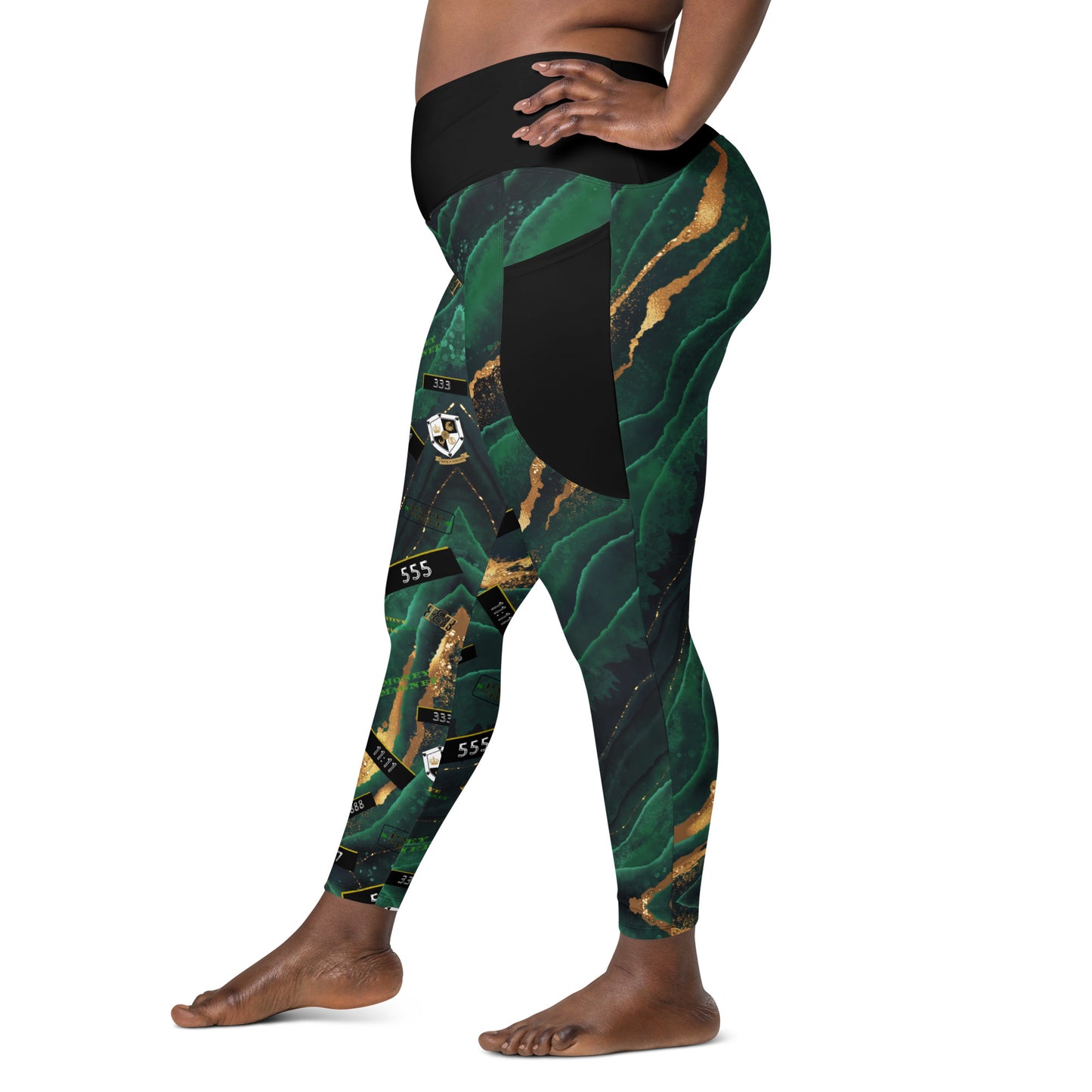8xquiZit Collection - Women's Manifestation Emerald Green N Gold Marble Crossover Leggings with Pockets