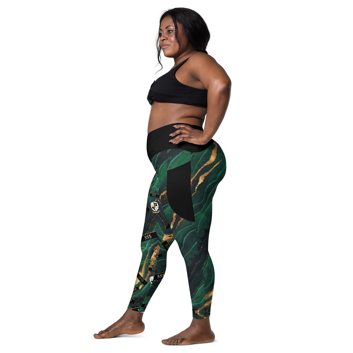 8xquiZit Collection - Women's Manifestation Emerald Green N Gold Marble Crossover Leggings with Pockets