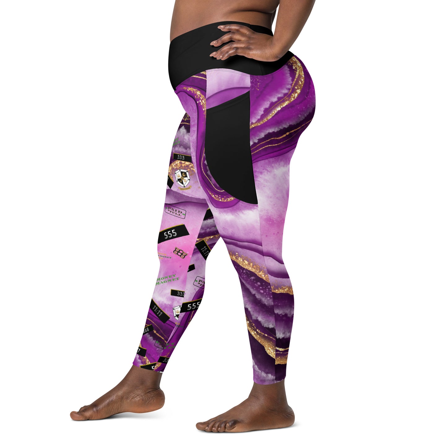 8xquiZit Collection - Women's Manifestation Royal Purple N Gold Marble Crossover Leggings with Pockets