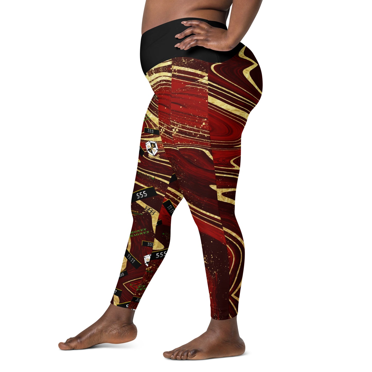 8xquiZit Collection - Women's Manifestation Ruby Red N Gold Marble Crossover Leggings with Pockets