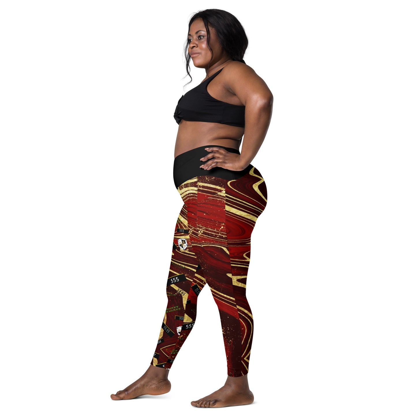 8xquiZit Collection - Women's Manifestation Ruby Red N Gold Marble Crossover Leggings with Pockets
