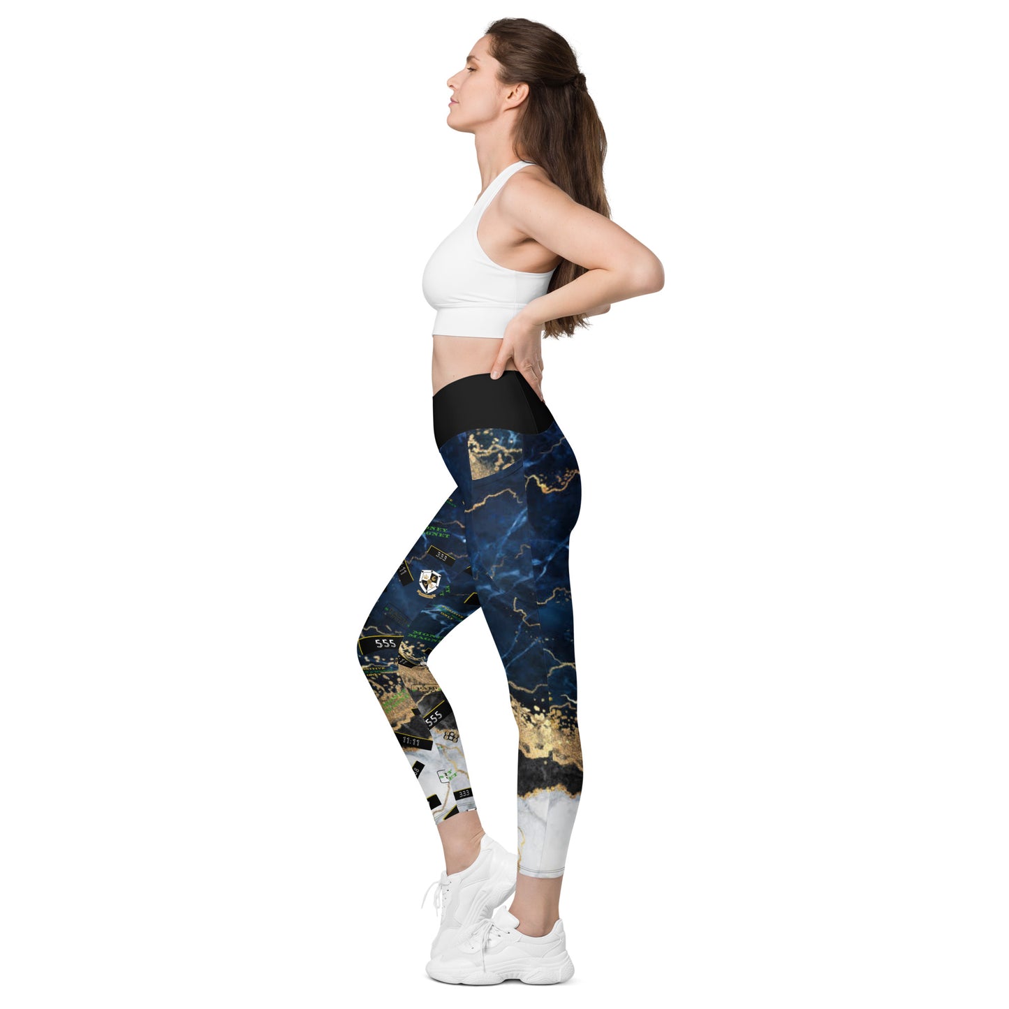 8xquiZit Collection - Women's Manifestation Tri-color Blue, Gold, & White Marble Crossover Leggings with Pockets