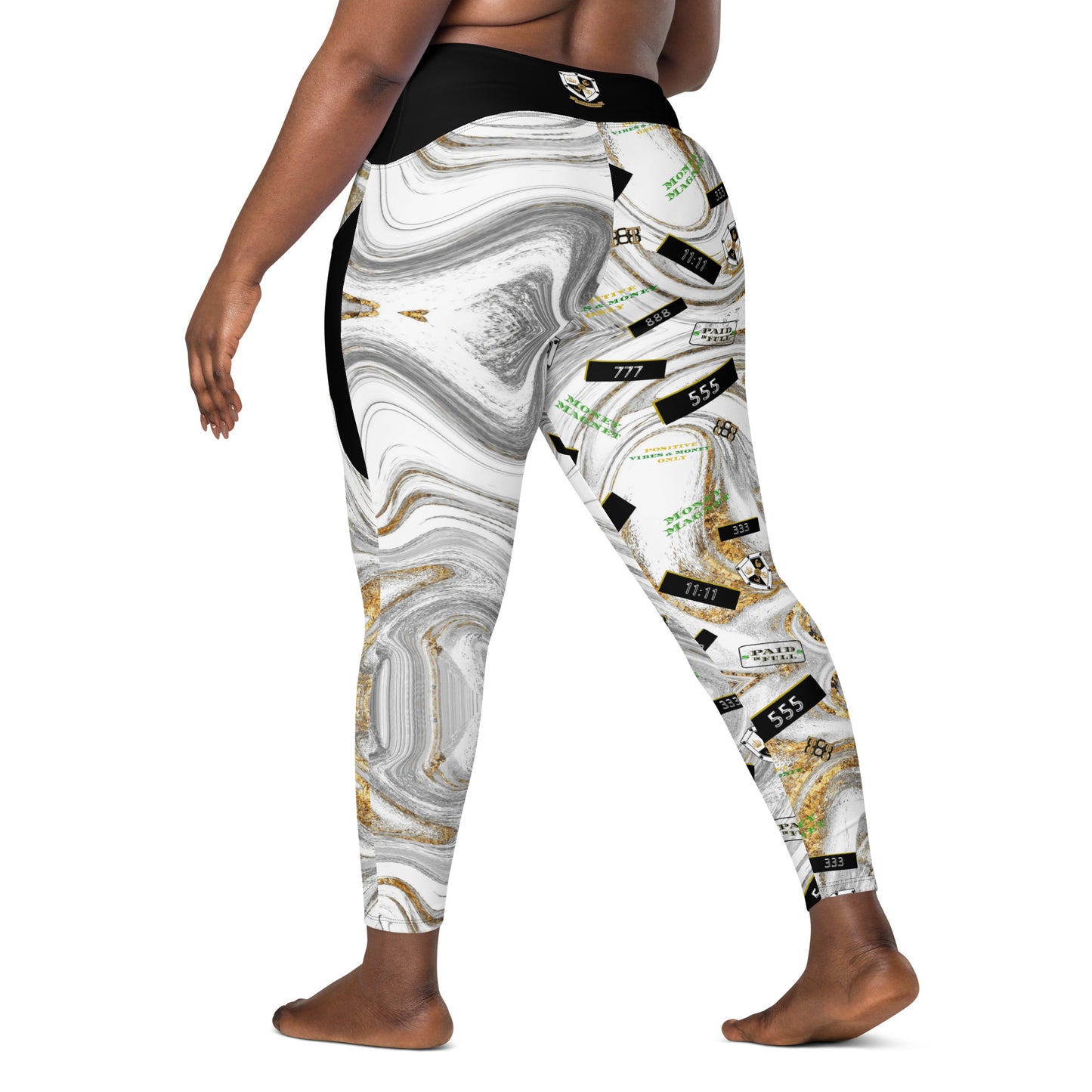 8xquiZit Collection - Women's White N Gold Marble Manifestation Crossover leggings with pockets