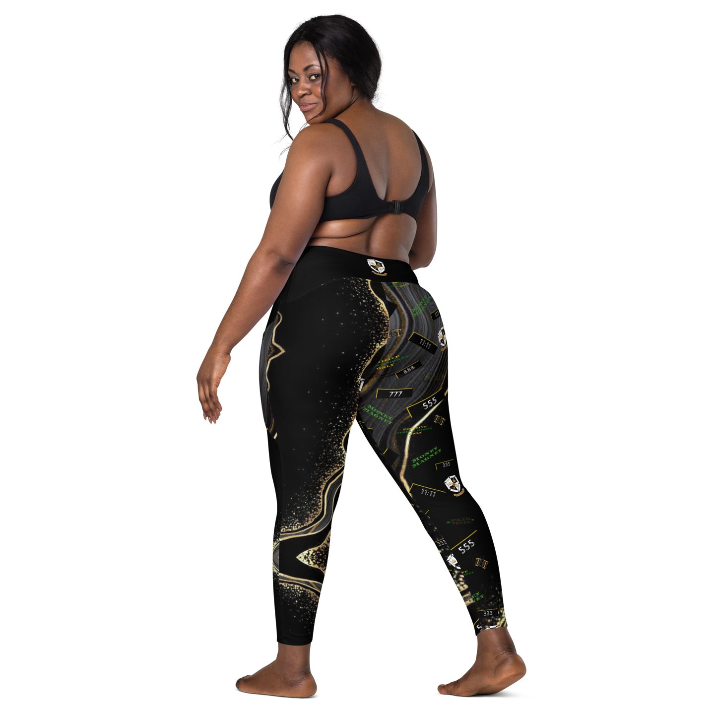 8xquiZit Collection - Women's Manifestation Deep Black N Gold Crossover leggings with pockets