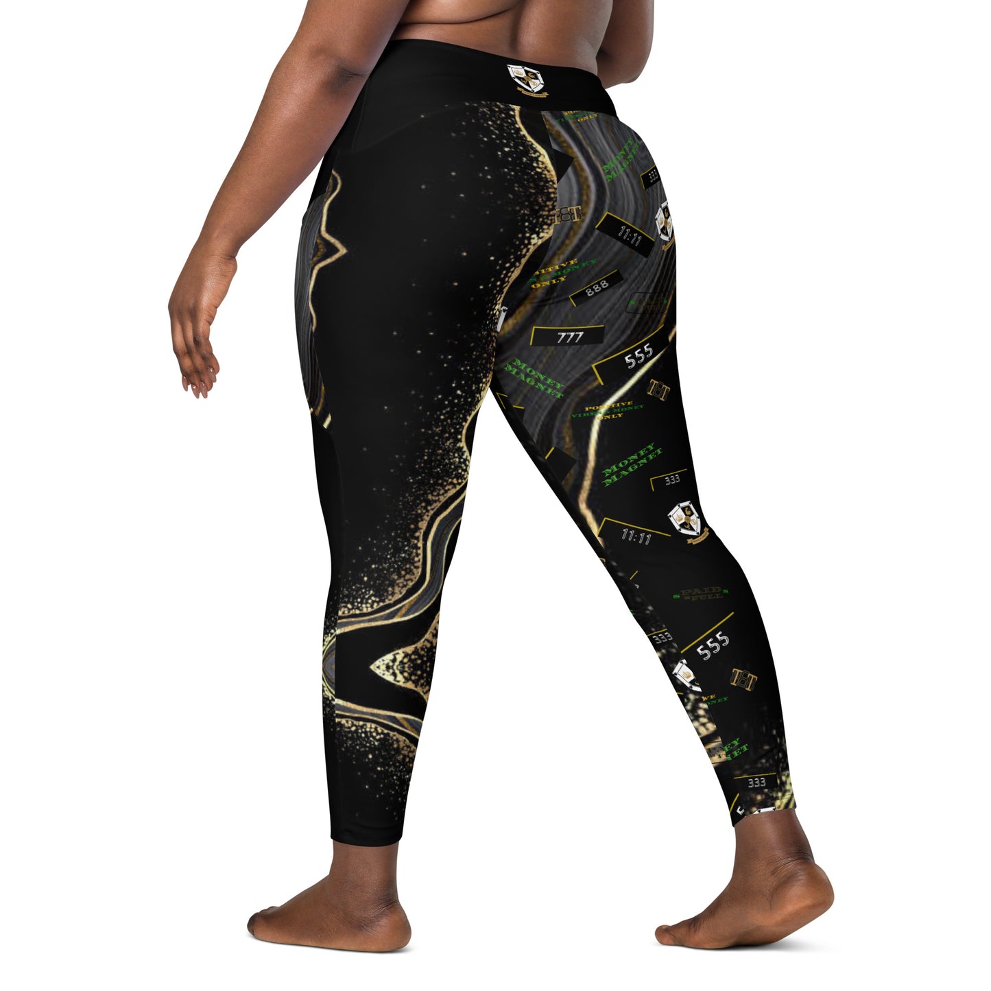 8xquiZit Collection - Women's Manifestation Deep Black N Gold Crossover leggings with pockets