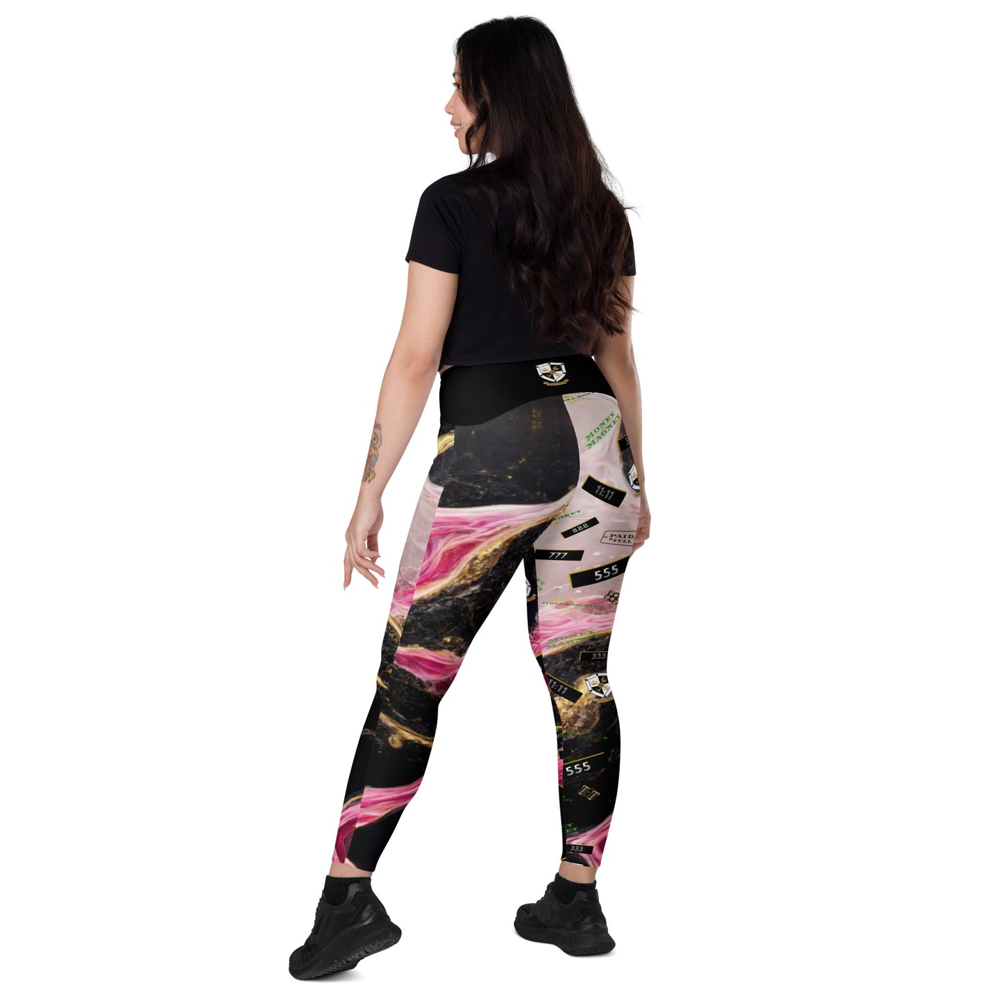 8xquiZit Collection - Women's Manifestation Pynk, Black, N Gold Marble Crossover leggings with pockets