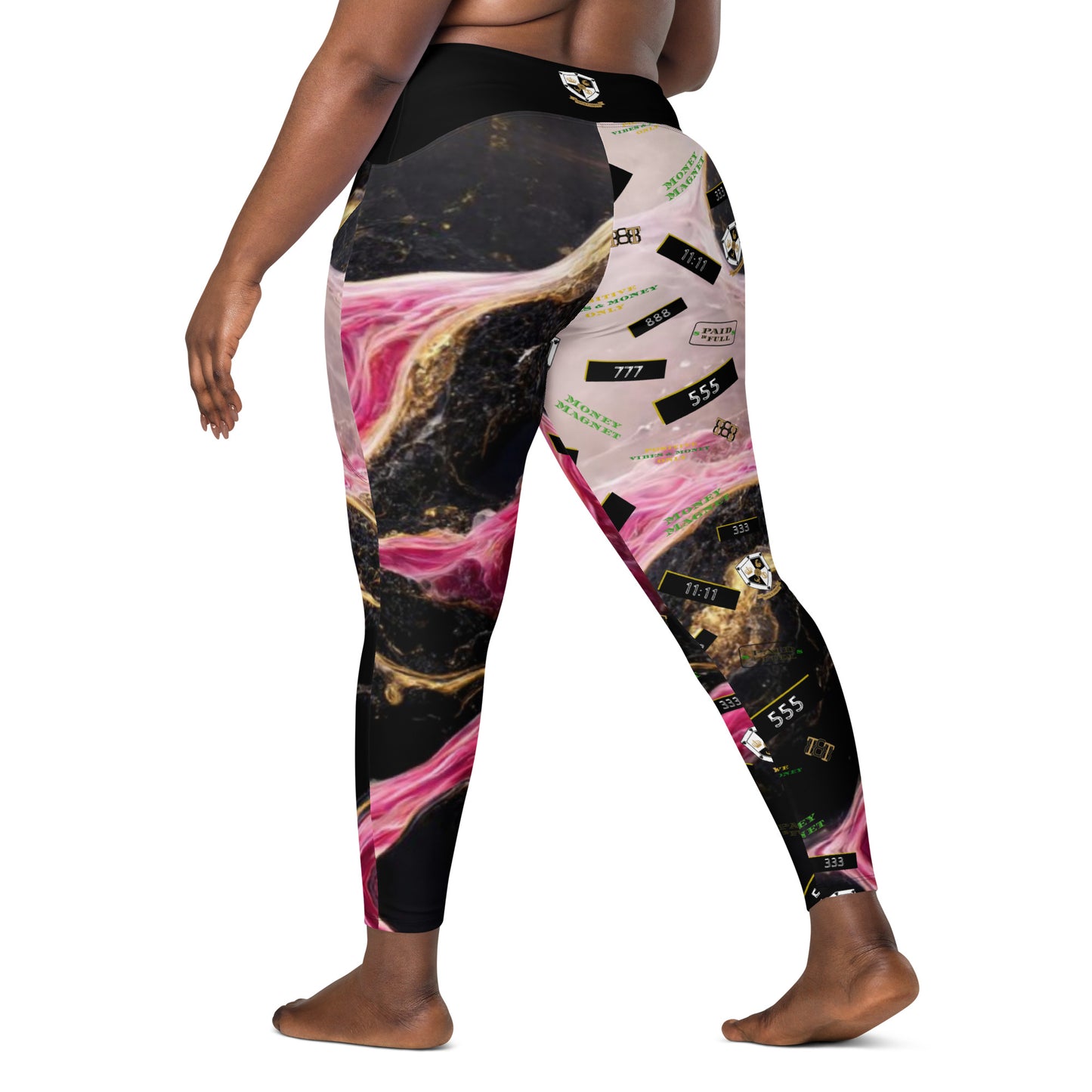 8xquiZit Collection - Women's Manifestation Pynk, Black, N Gold Marble Crossover leggings with pockets