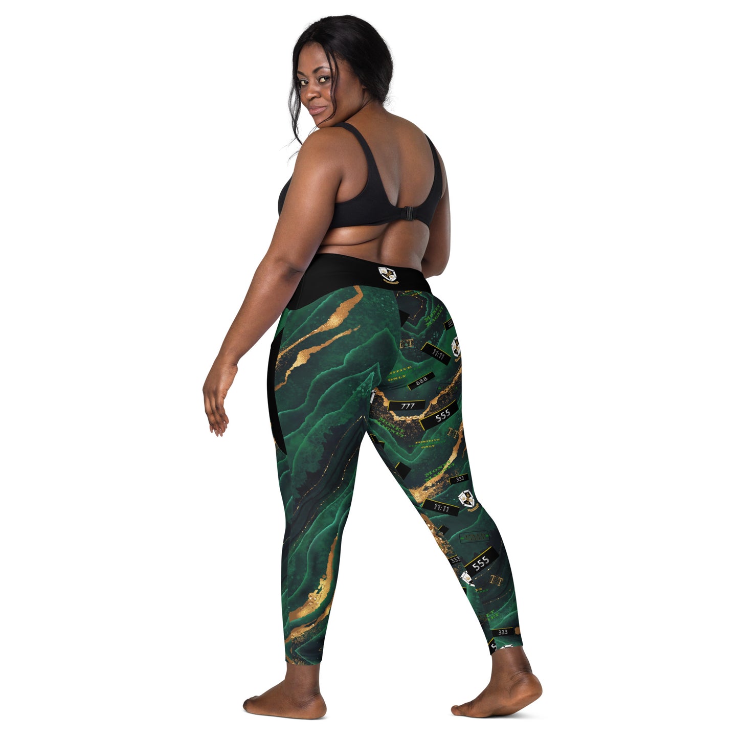 8xquiZit Collection - Women's Manifestation Emerald Green N Gold Marble Crossover Leggings with Pockets