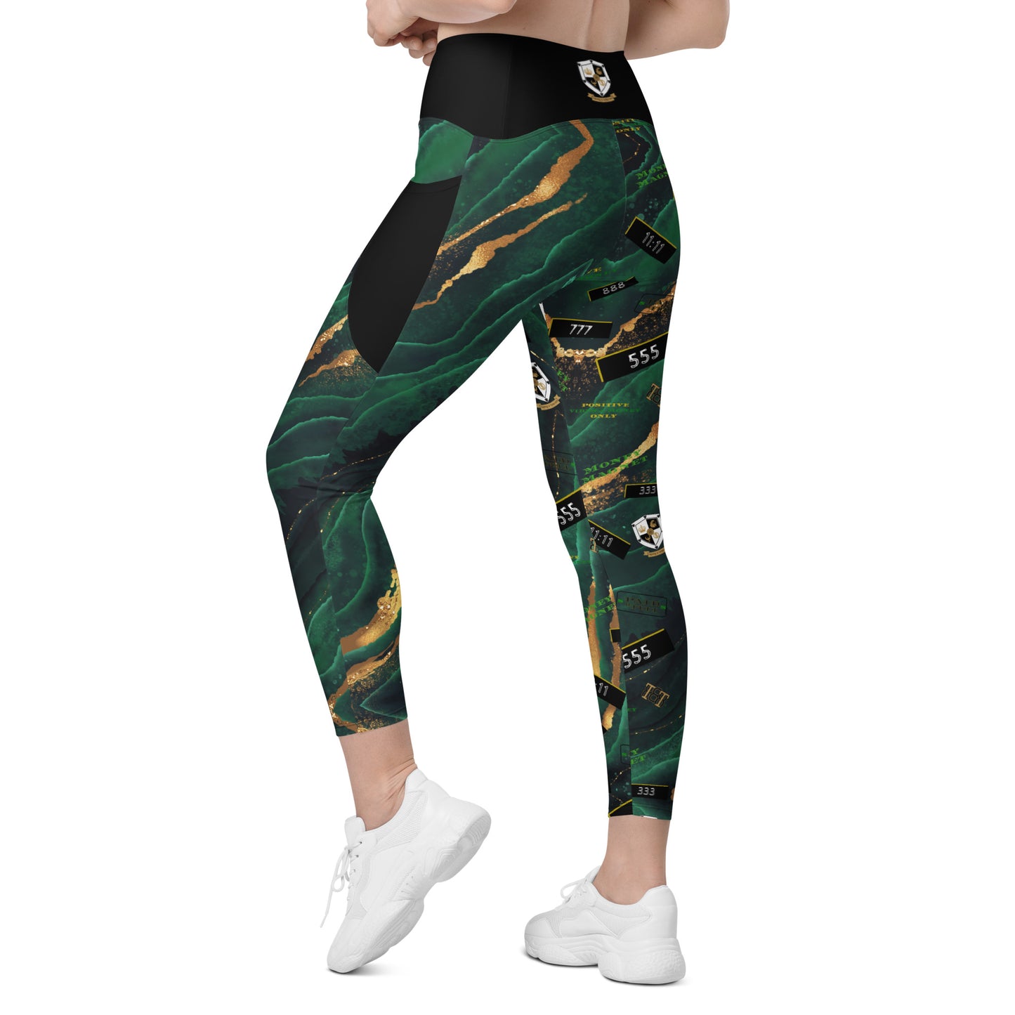 8xquiZit Collection - Women's Manifestation Emerald Green N Gold Marble Crossover Leggings with Pockets