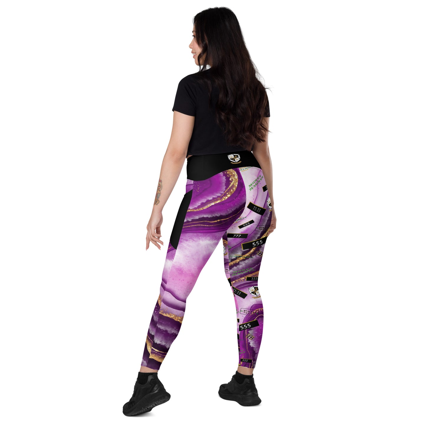 8xquiZit Collection - Women's Manifestation Royal Purple N Gold Marble Crossover Leggings with Pockets