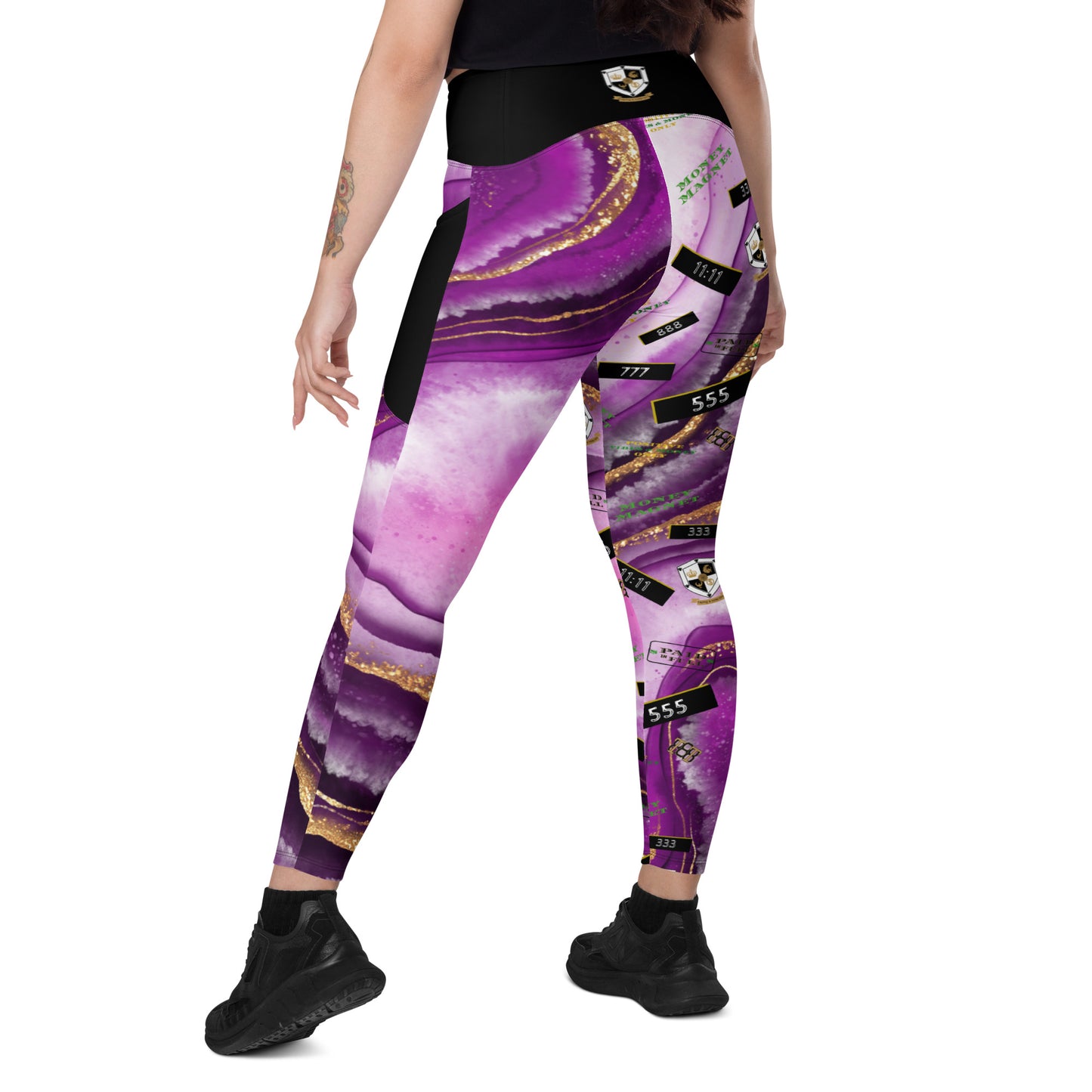 8xquiZit Collection - Women's Manifestation Royal Purple N Gold Marble Crossover Leggings with Pockets