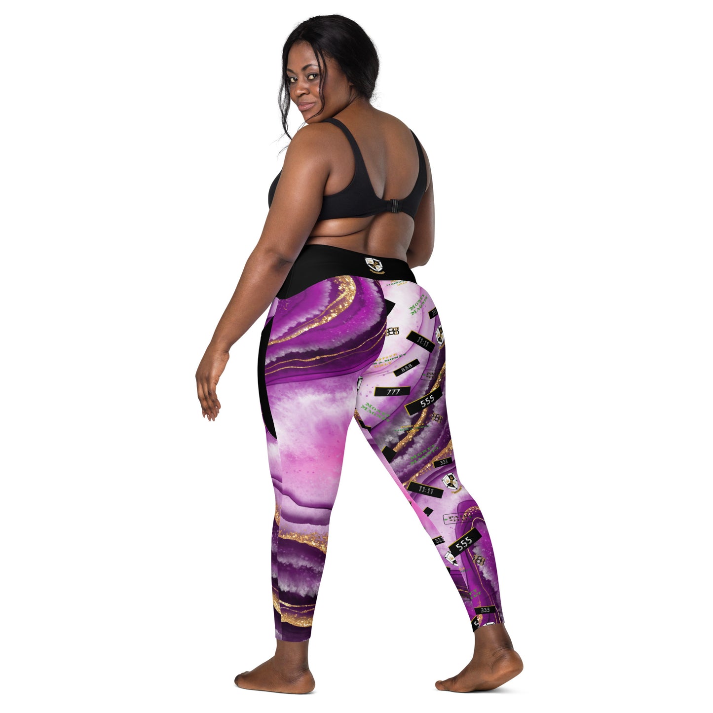 8xquiZit Collection - Women's Manifestation Royal Purple N Gold Marble Crossover Leggings with Pockets