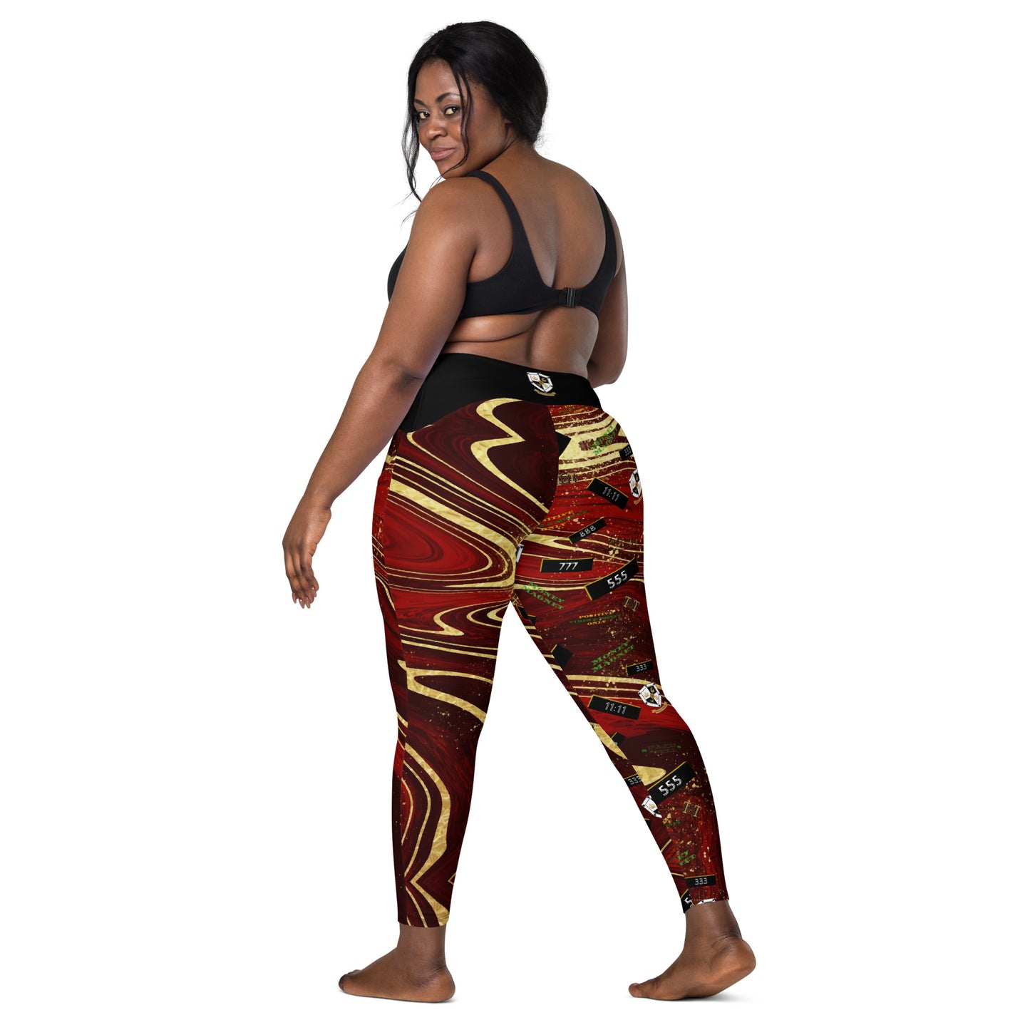 8xquiZit Collection - Women's Manifestation Ruby Red N Gold Marble Crossover Leggings with Pockets
