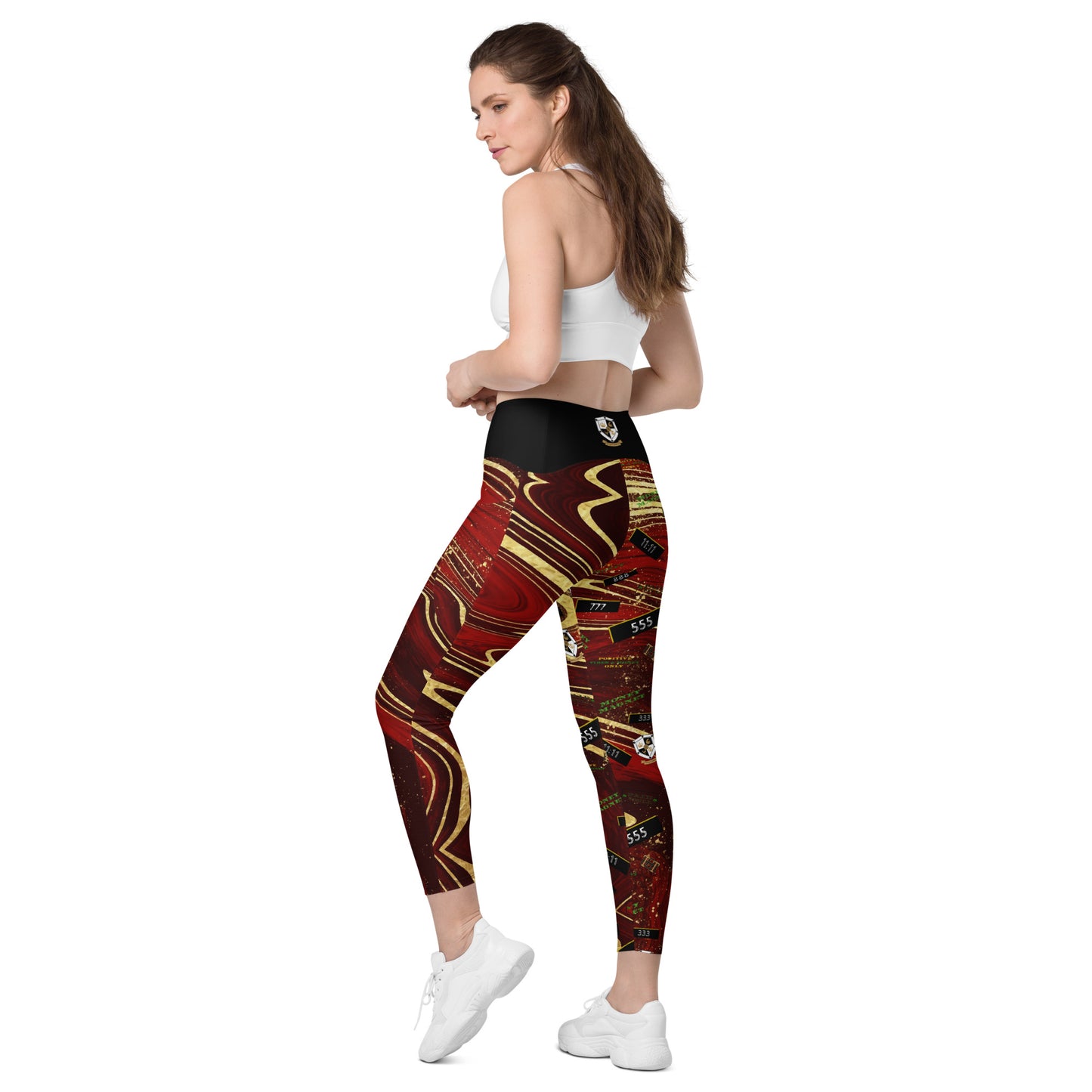 8xquiZit Collection - Women's Manifestation Ruby Red N Gold Marble Crossover Leggings with Pockets