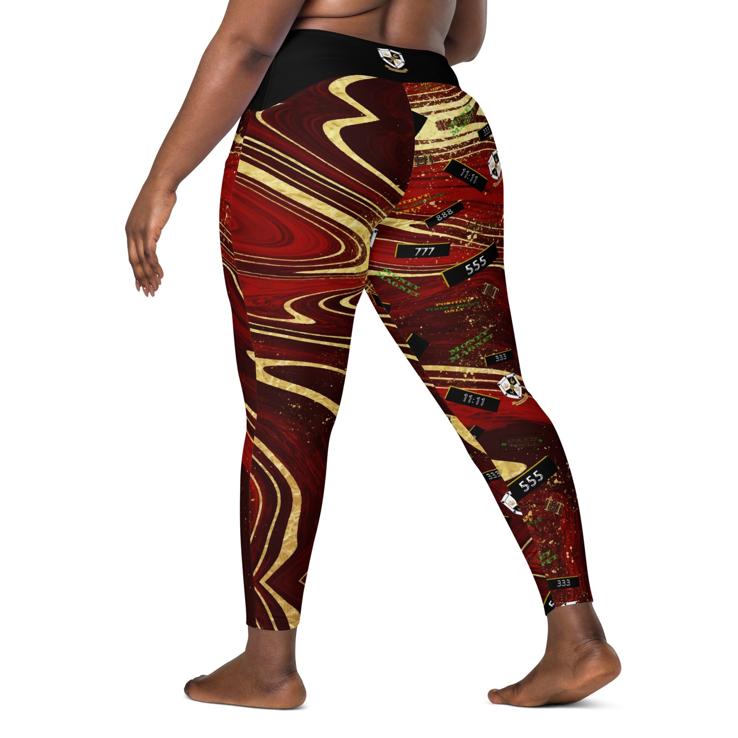 8xquiZit Collection - Women's Manifestation Ruby Red N Gold Marble Crossover Leggings with Pockets