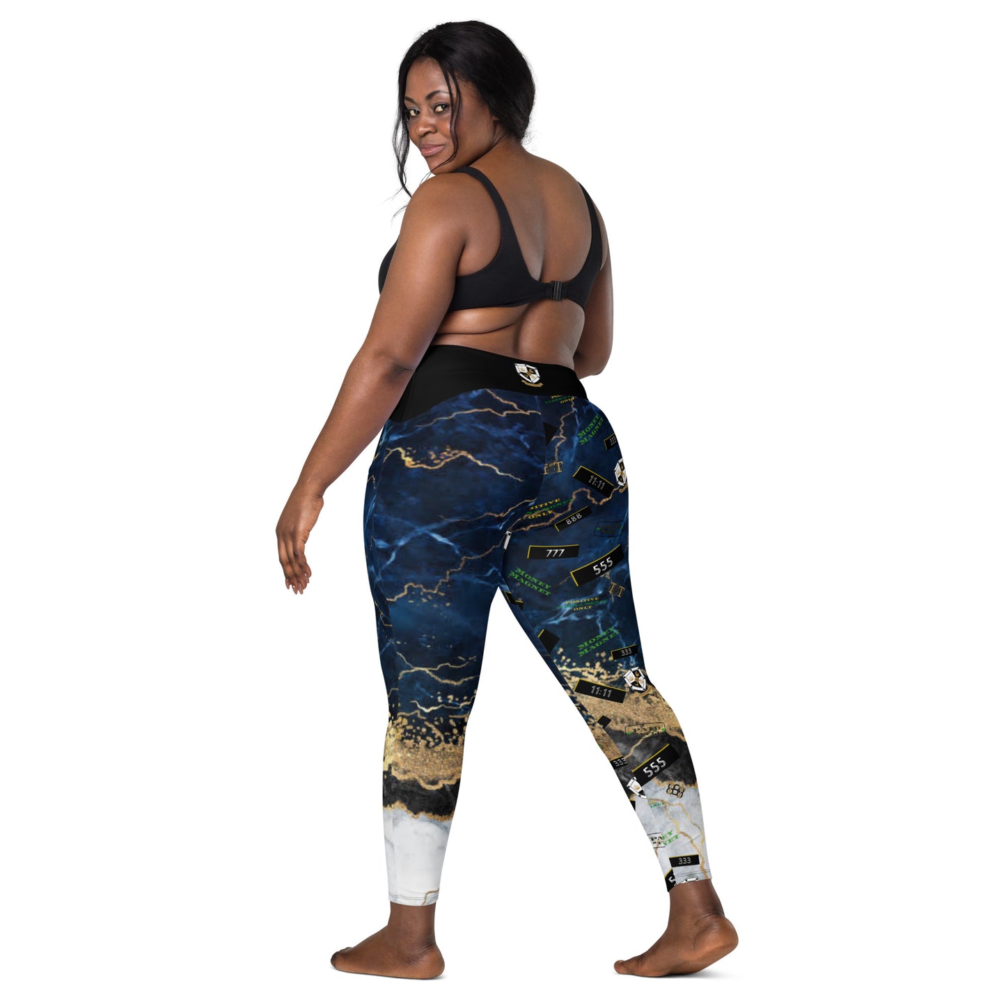 8xquiZit Collection - Women's Manifestation Tri-color Blue, Gold, & White Marble Crossover Leggings with Pockets