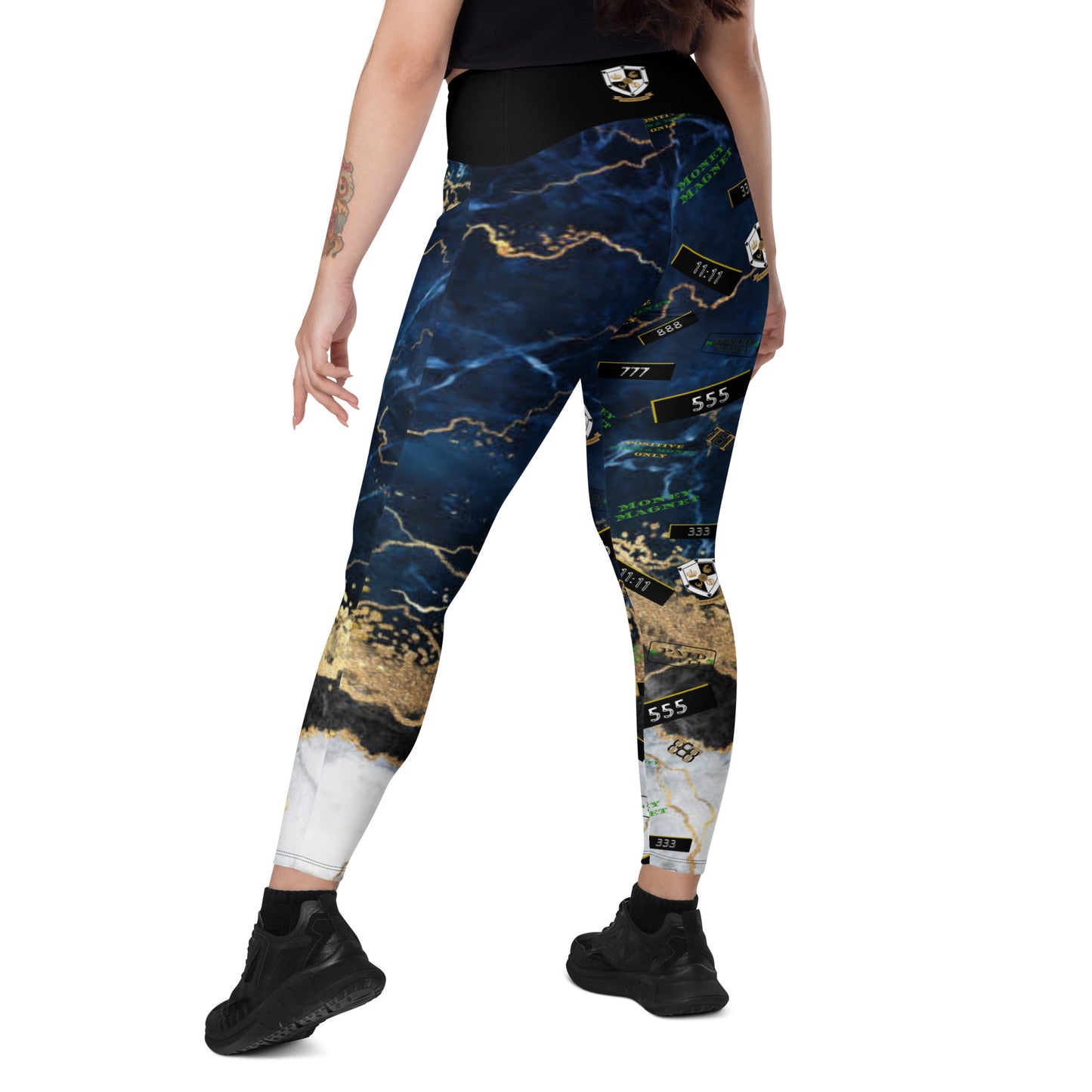 8xquiZit Collection - Women's Manifestation Tri-color Blue, Gold, & White Marble Crossover Leggings with Pockets
