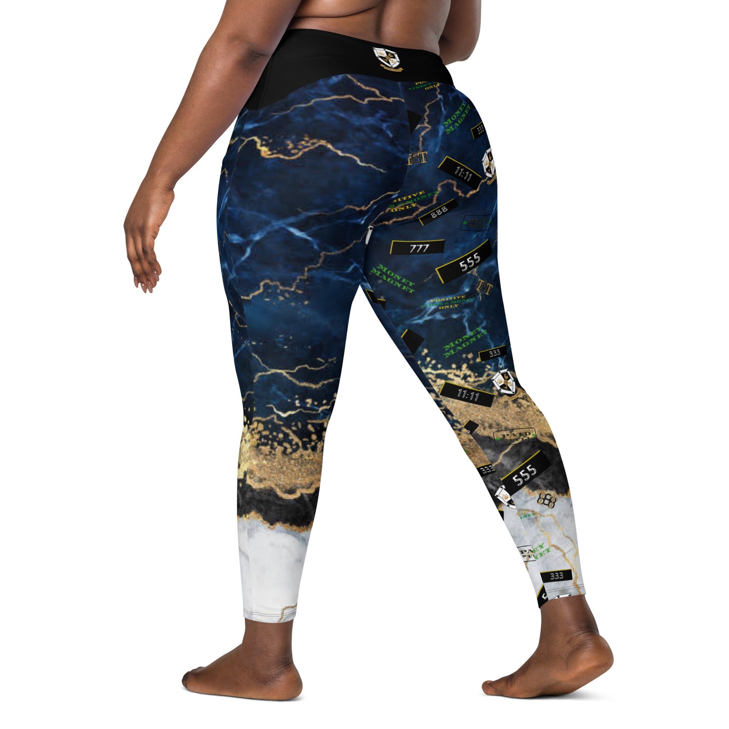 8xquiZit Collection - Women's Manifestation Tri-color Blue, Gold, & White Marble Crossover Leggings with Pockets