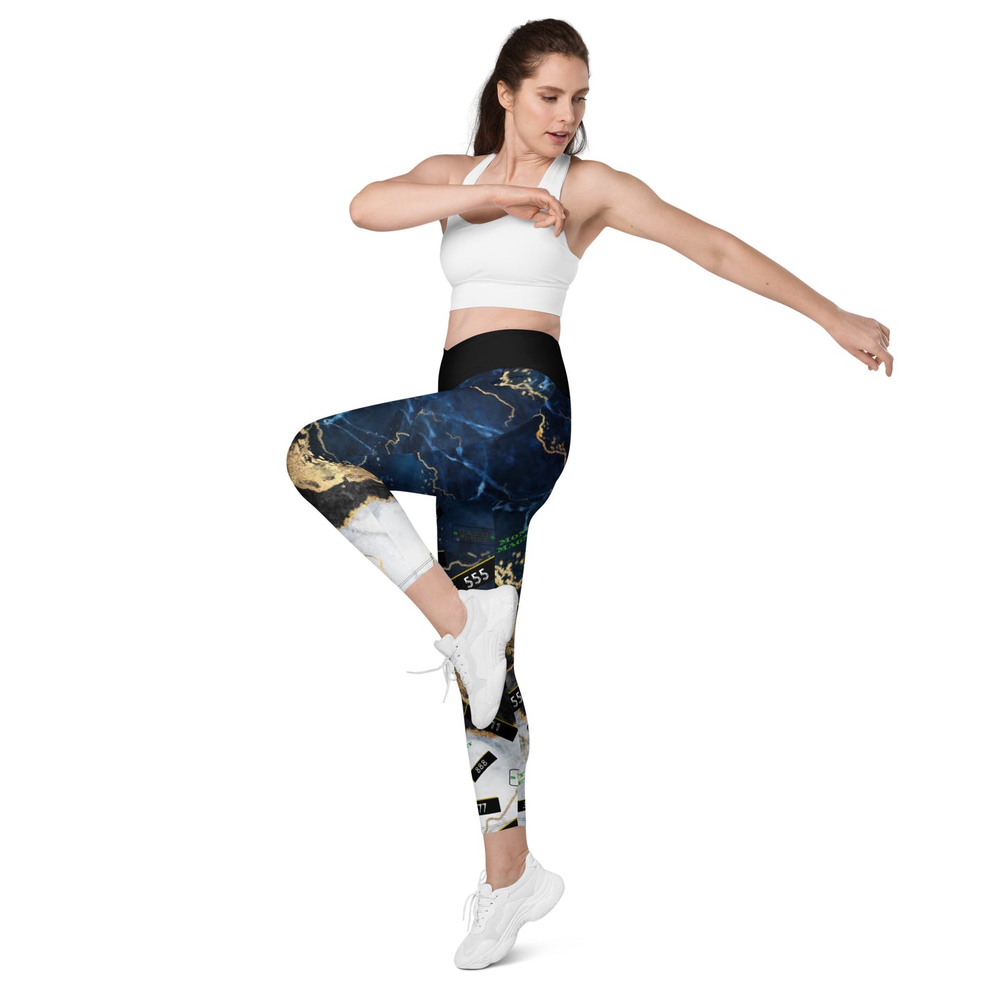 8xquiZit Collection - Women's Manifestation Tri-color Blue, Gold, & White Marble Crossover Leggings with Pockets