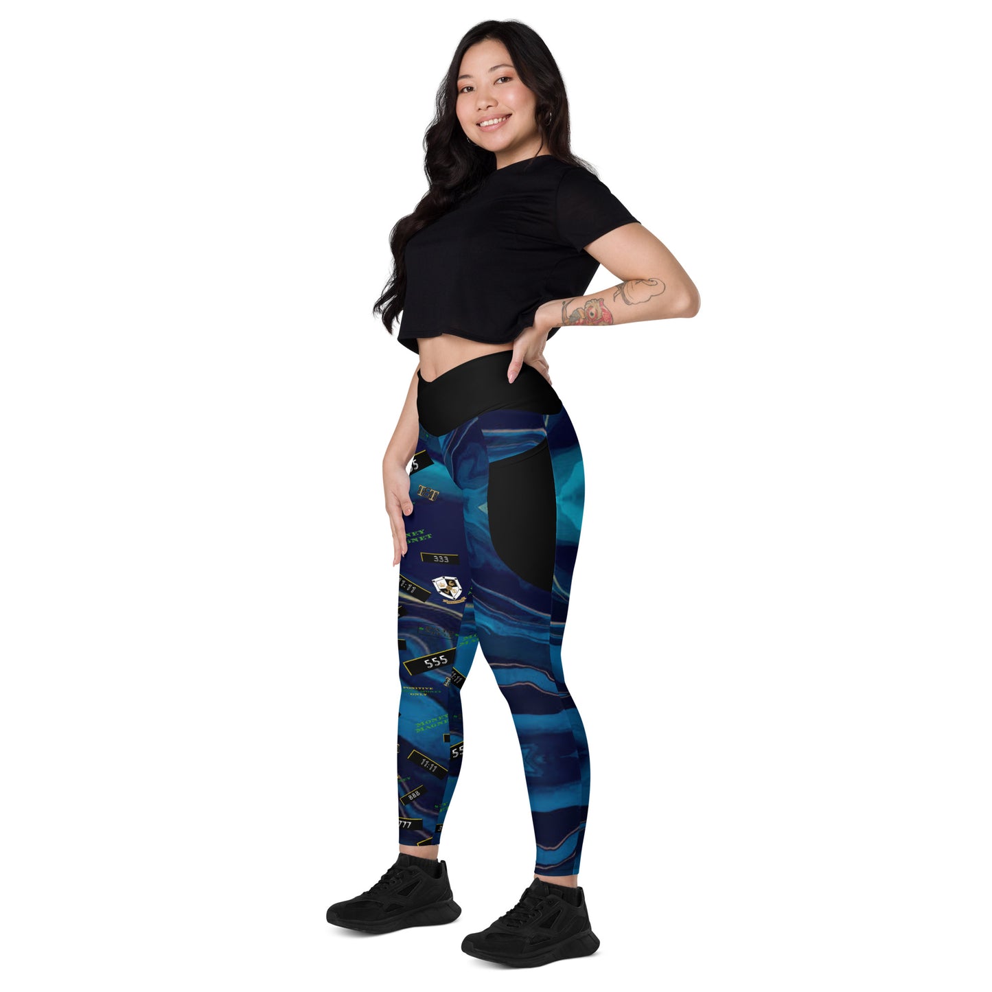 8xquiZit Collection - Women's Manifestation Ocean Viewz Blue Marble Crossover leggings with Pockets