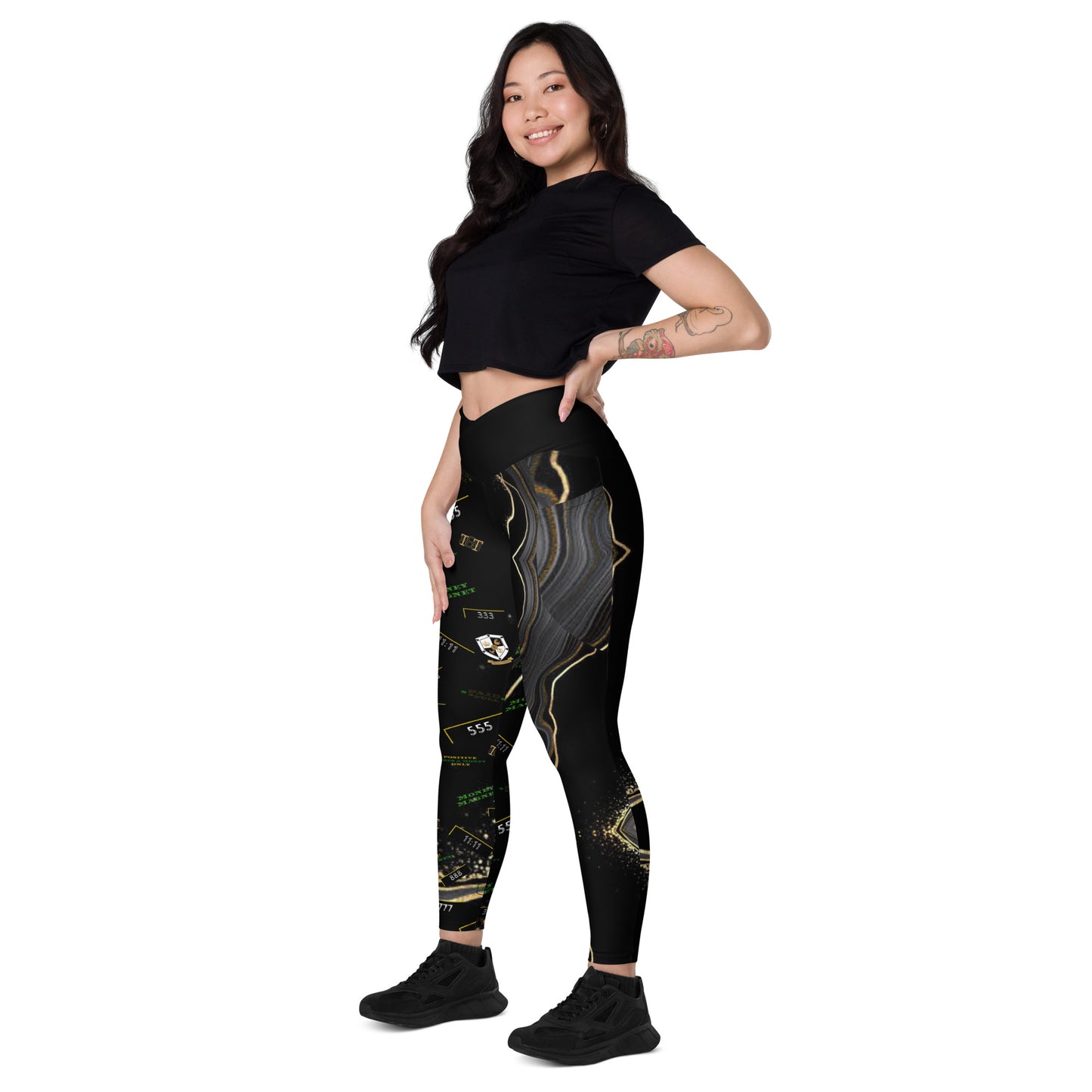 8xquiZit Collection - Women's Manifestation Deep Black N Gold Crossover leggings with pockets
