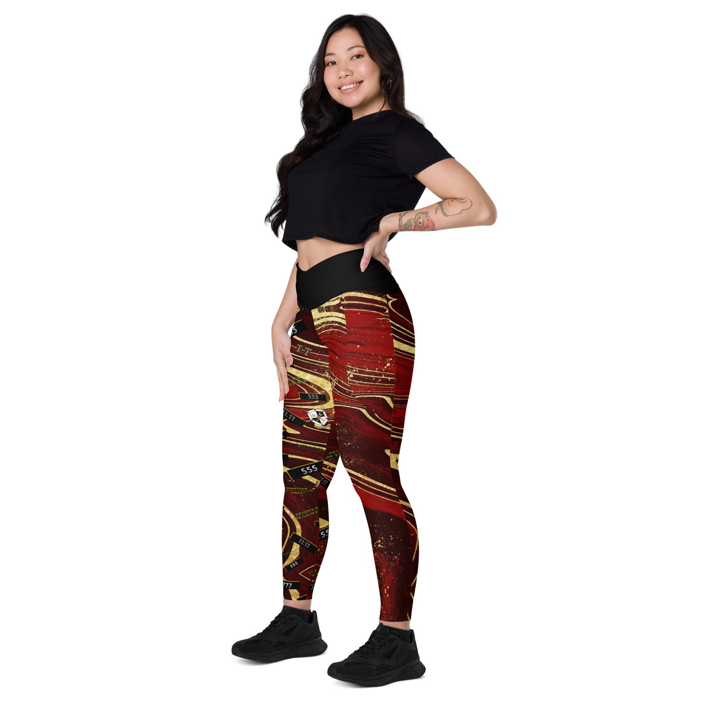 8xquiZit Collection - Women's Manifestation Ruby Red N Gold Marble Crossover Leggings with Pockets