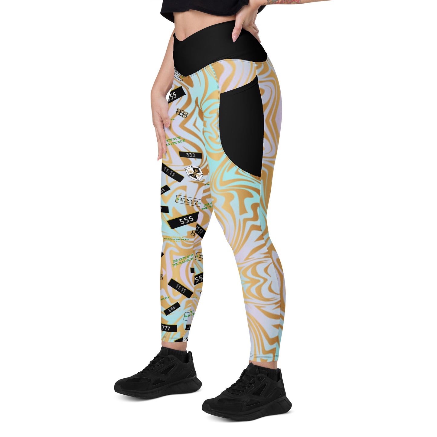 8xquiZit Collection - Women's Manifestation Pynk N Turq Jungle Luv Crossover Leggings with Pockets
