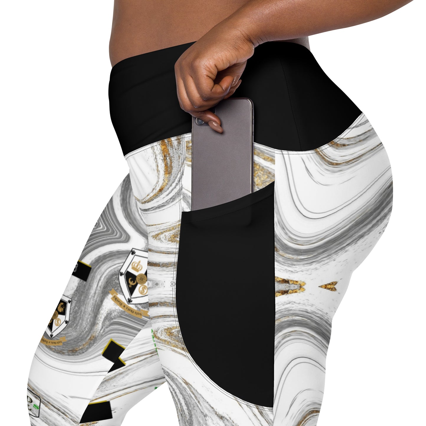 8xquiZit Collection - Women's White N Gold Marble Manifestation Crossover leggings with pockets