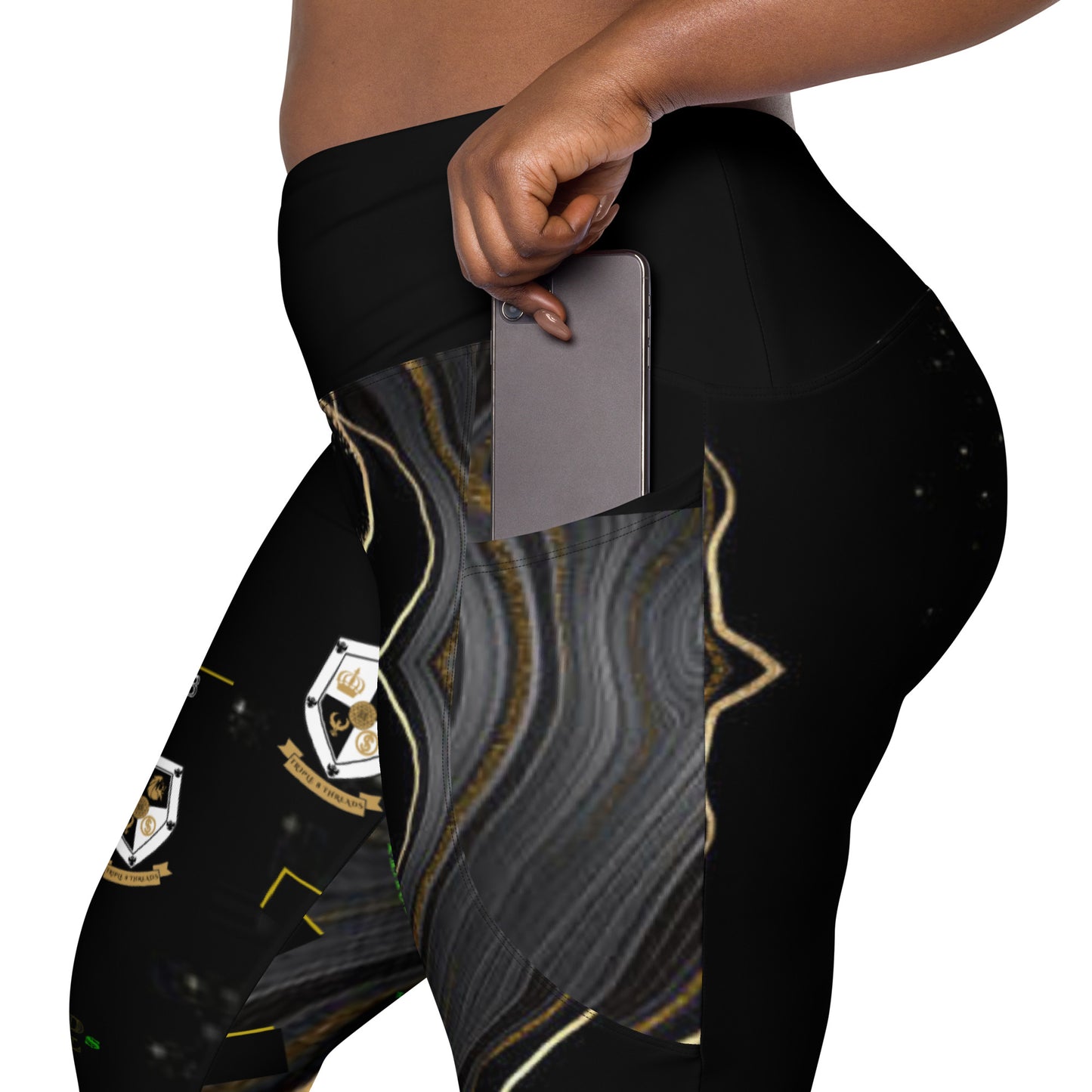 8xquiZit Collection - Women's Manifestation Deep Black N Gold Crossover leggings with pockets