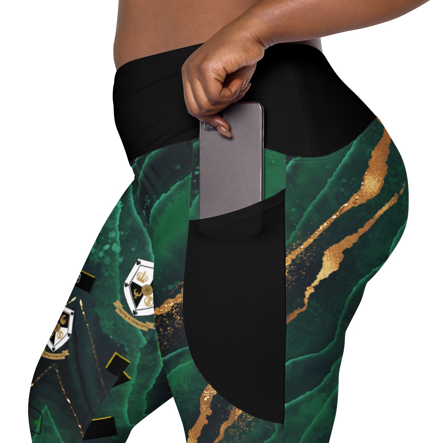 8xquiZit Collection - Women's Manifestation Emerald Green N Gold Marble Crossover Leggings with Pockets