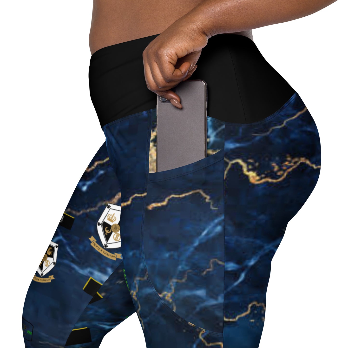 8xquiZit Collection - Women's Manifestation Tri-color Blue, Gold, & White Marble Crossover Leggings with Pockets